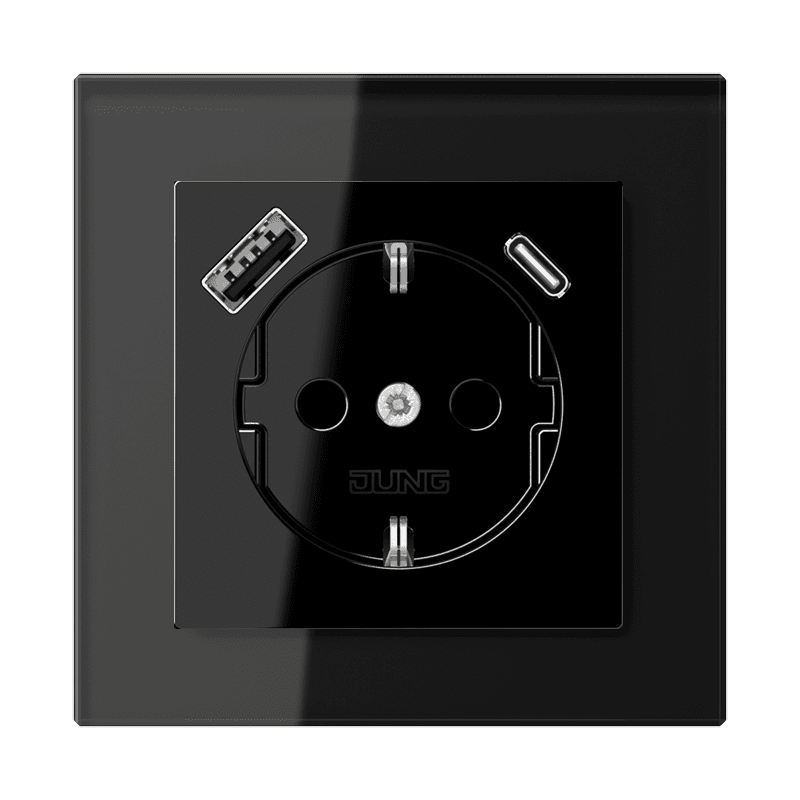 Jung A Creation стекло Розетка электрическая 2к+з с двумя разъемами USB для зарядки , цвет черный глянцевый/черное стекло A-Creation-g6 JUNG