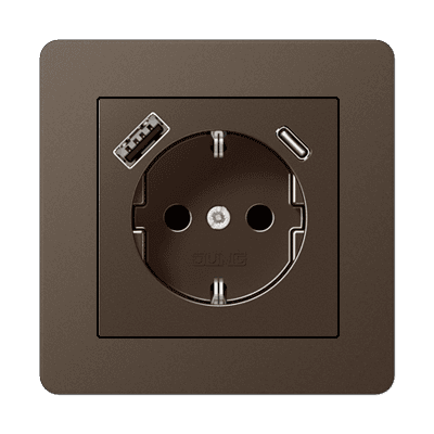 Jung A-Flow Розетка электрическая 2к+з с двумя разъемами USB для зарядки , цвет мокко A-A-flow16 JUNG