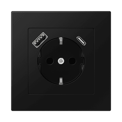 Jung A 550 Розетка электрическая 2к+з с двумя разъемами USB для зарядки , цвет Черный матовый A550-6 JUNG