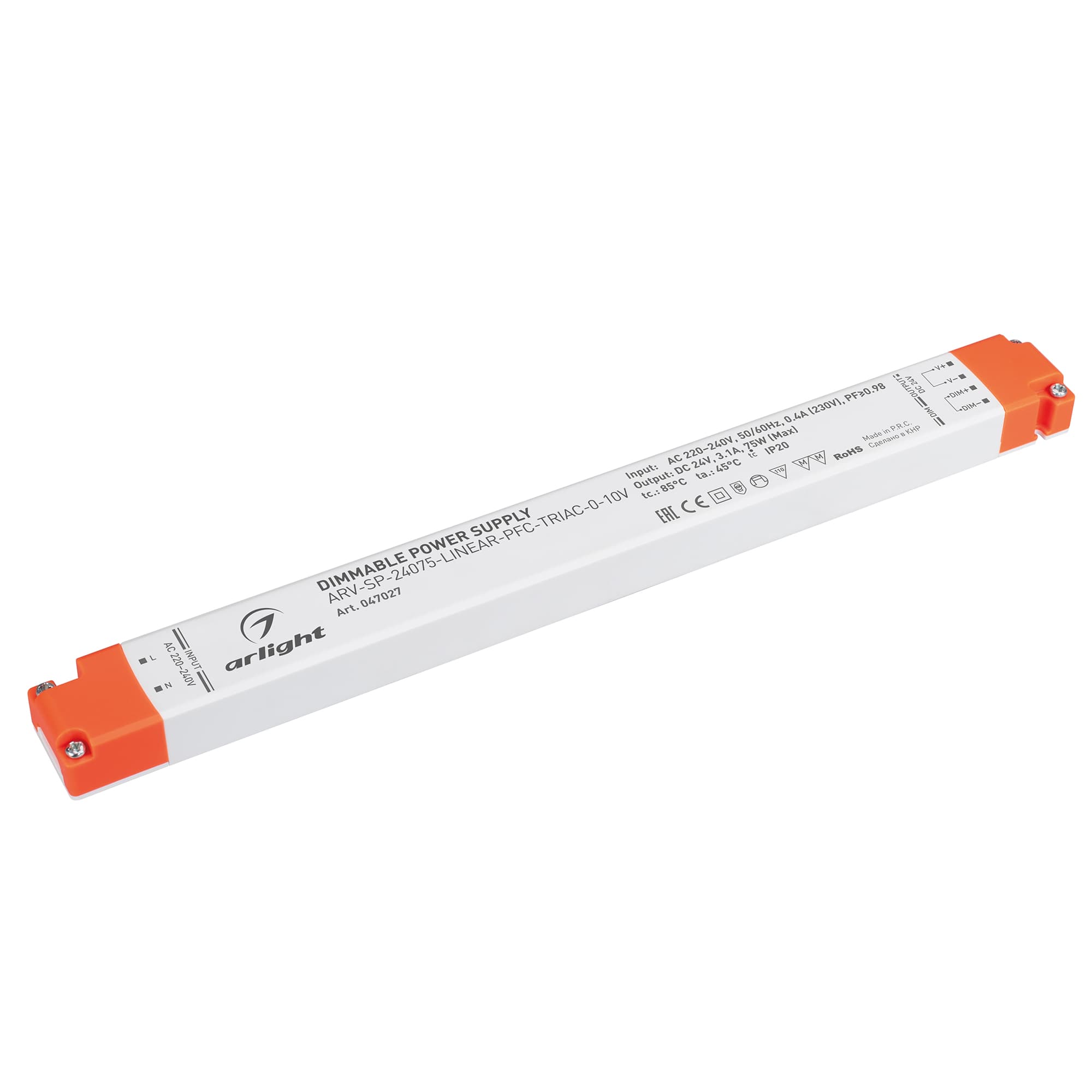 Блок питания ARV-SP-24075-LINEAR-PFC-TRIAC-0-10V (24V, 3.1A, 75W) (Arlight, IP20 Пластик, 5 лет) 047027 — фото 1