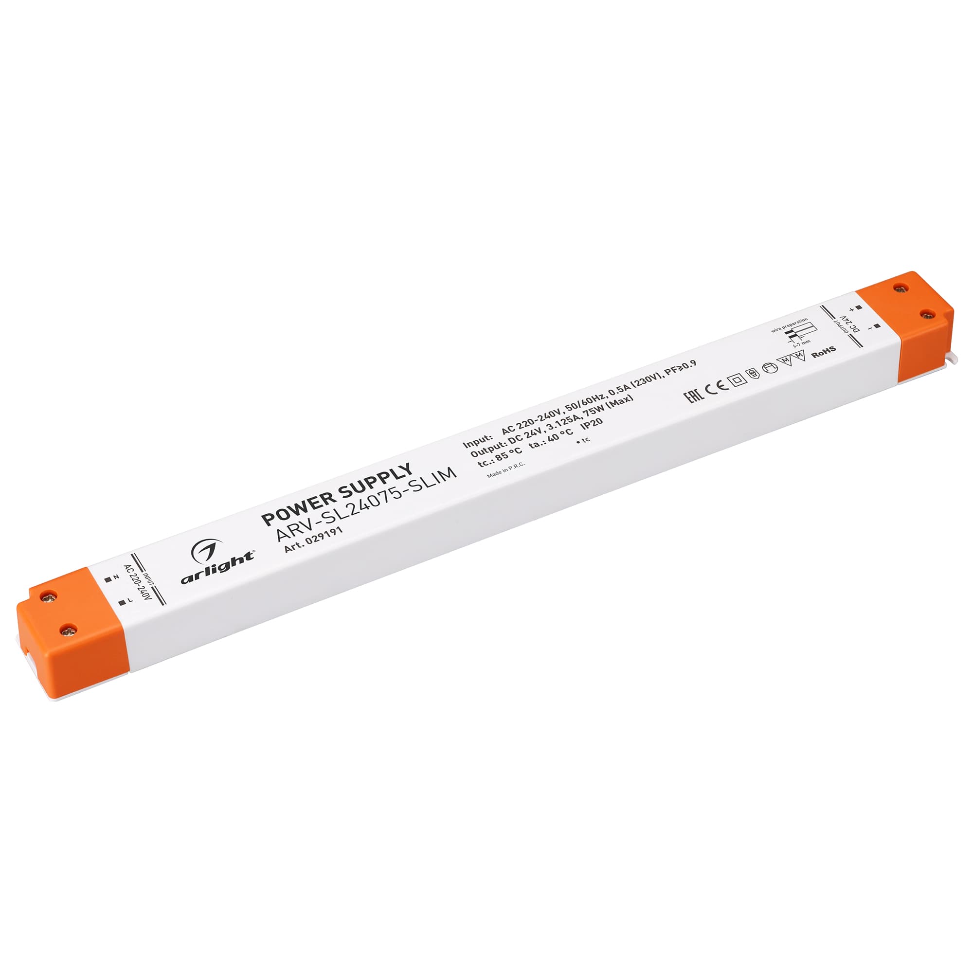 Блок питания ARV-SL24075-SLIM (24V, 3.12A, 75W, PFC) (Arlight, IP20 Пластик, 3 года) 029191