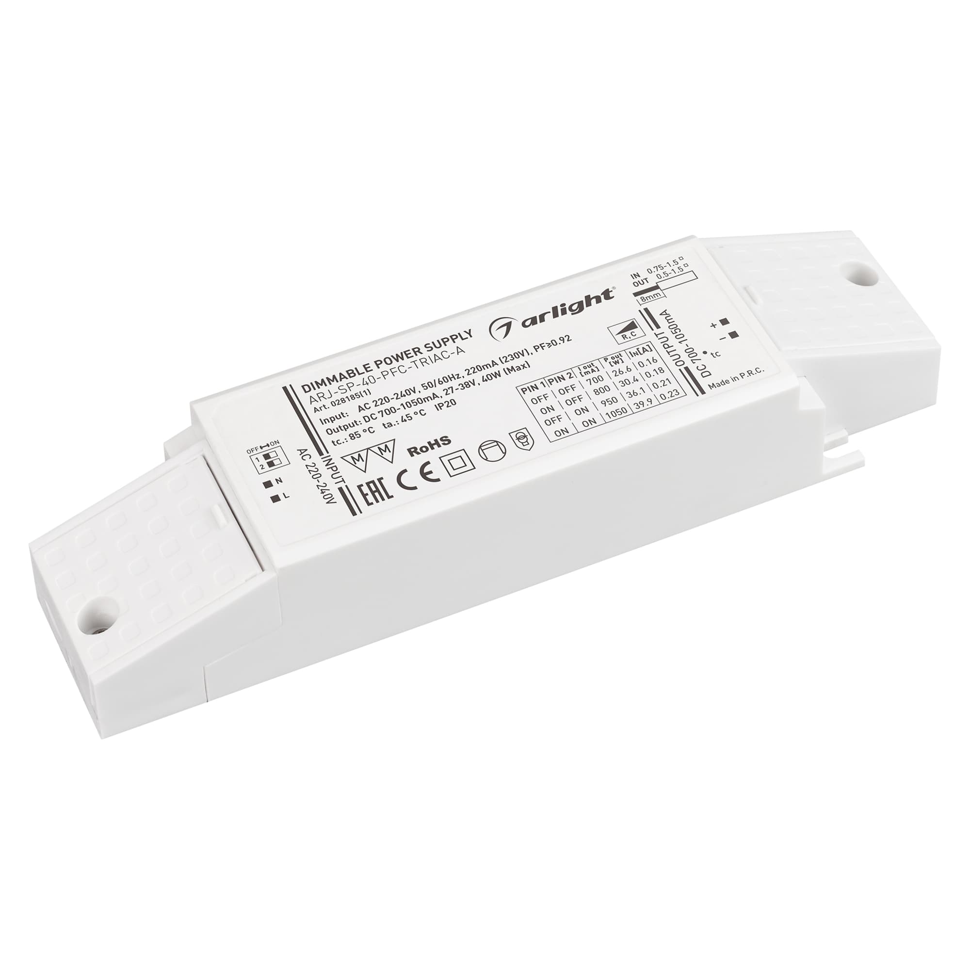 Блок питания ARJ-SP-40-PFC-TRIAC-INS (40W, 27-38V, 0.7-1.05A) (Arlight, IP20 Пластик, 5 лет) 028185(1) — фото 1