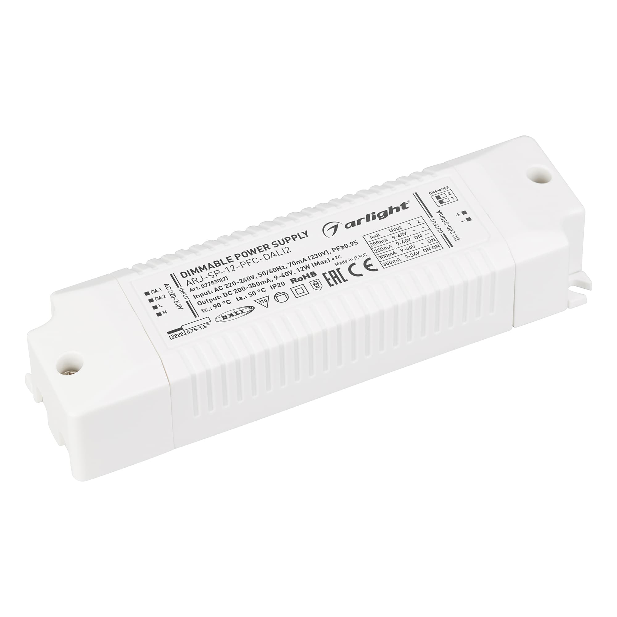 Блок питания ARJ-SP-12-PFC-DALI2 (12W, 200-350mA) (Arlight, IP20 Пластик, 5 лет) 022830(2)
