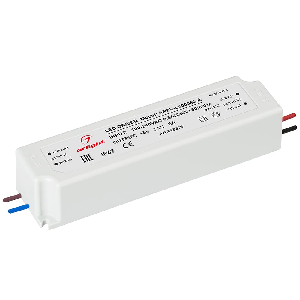 Блок питания ARPV-LV05040-A (5V, 8.0A, 40W) (Arlight, IP67 Пластик, 3 года) 018378 — фото 1