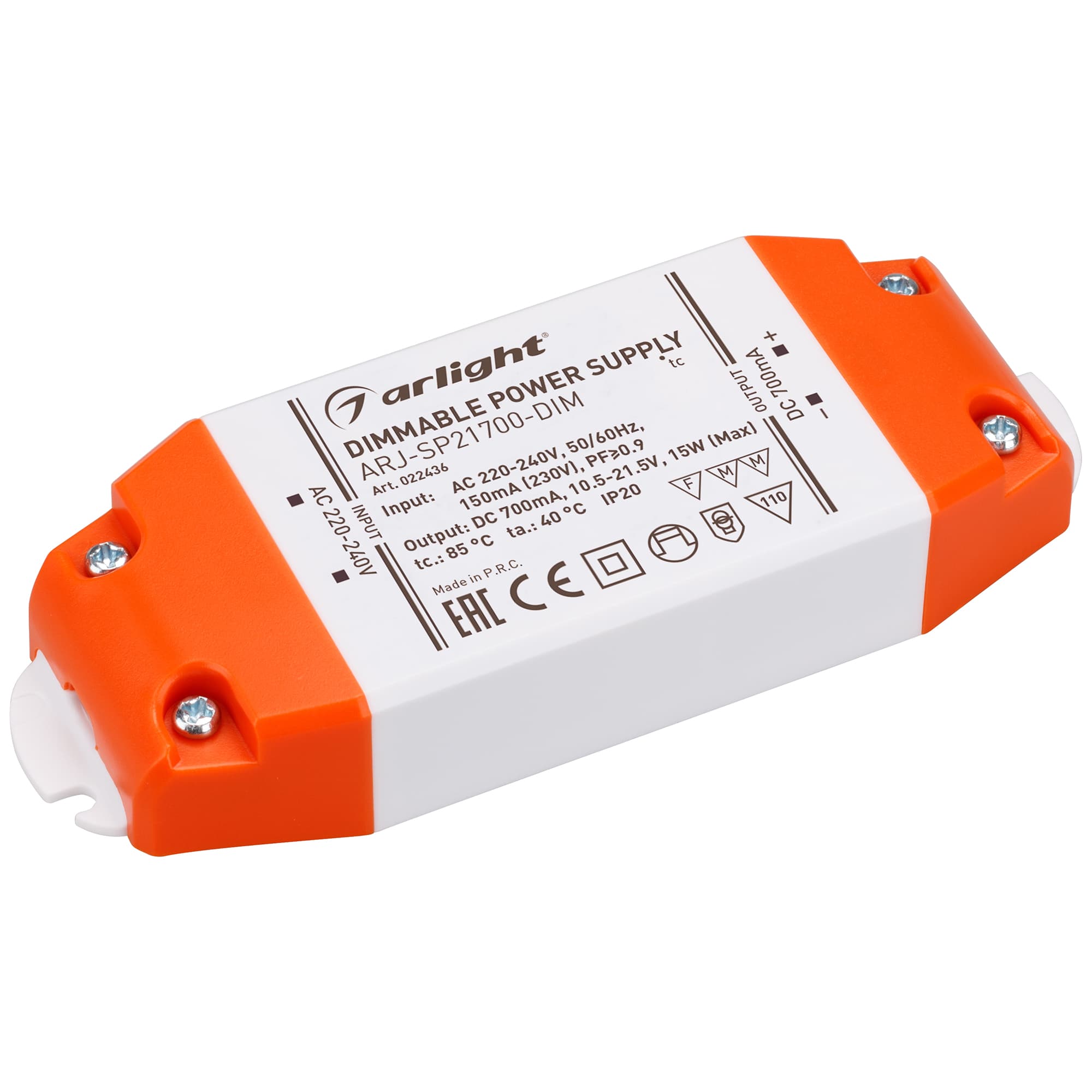 Блок питания ARJ-SP21700-DIM (15W, 700mA, PFC, Triac) (Arlight, IP20 Пластик, 3 года) 022436