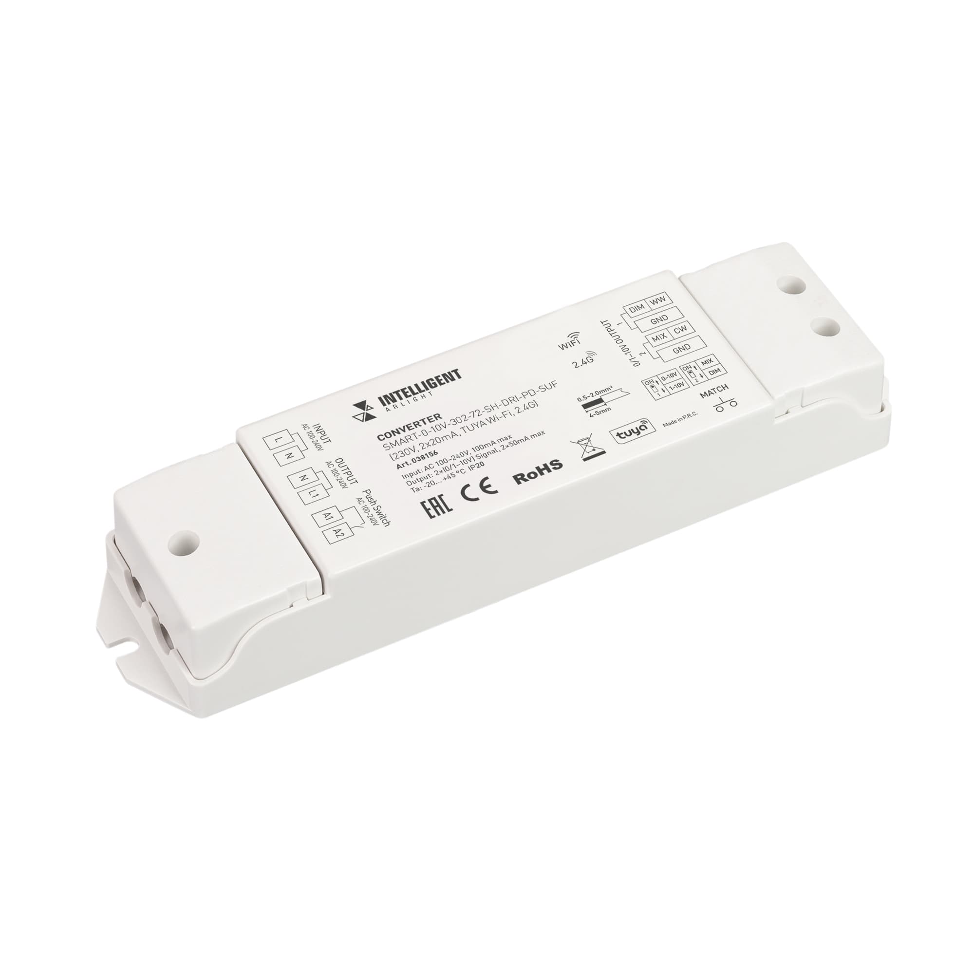 INTELLIGENT ARLIGHT Конвертер SMART-0-10V-302-72-SH-DRI-PD-SUF (230V, 2x20mA, TUYA Wi-Fi, 2.4G) (IARL, IP20 Пластик, 5 лет) 038156 Arlight