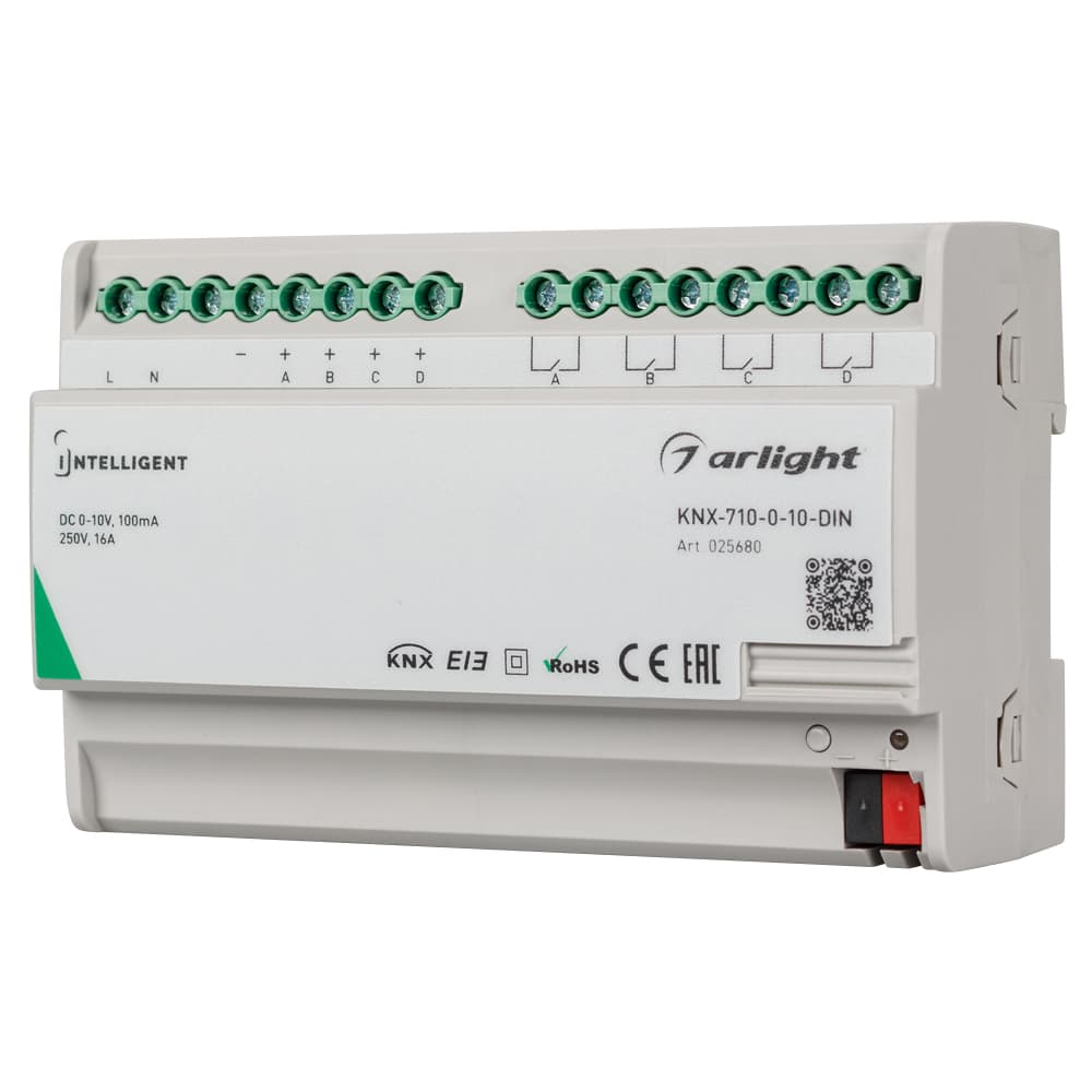 INTELLIGENT ARLIGHT Конвертер KNX-710-0-10-DIN (230V, 4x0/1-10, 4x16A) (IARL, IP20 Пластик, 2 года) 025680 — фото 1
