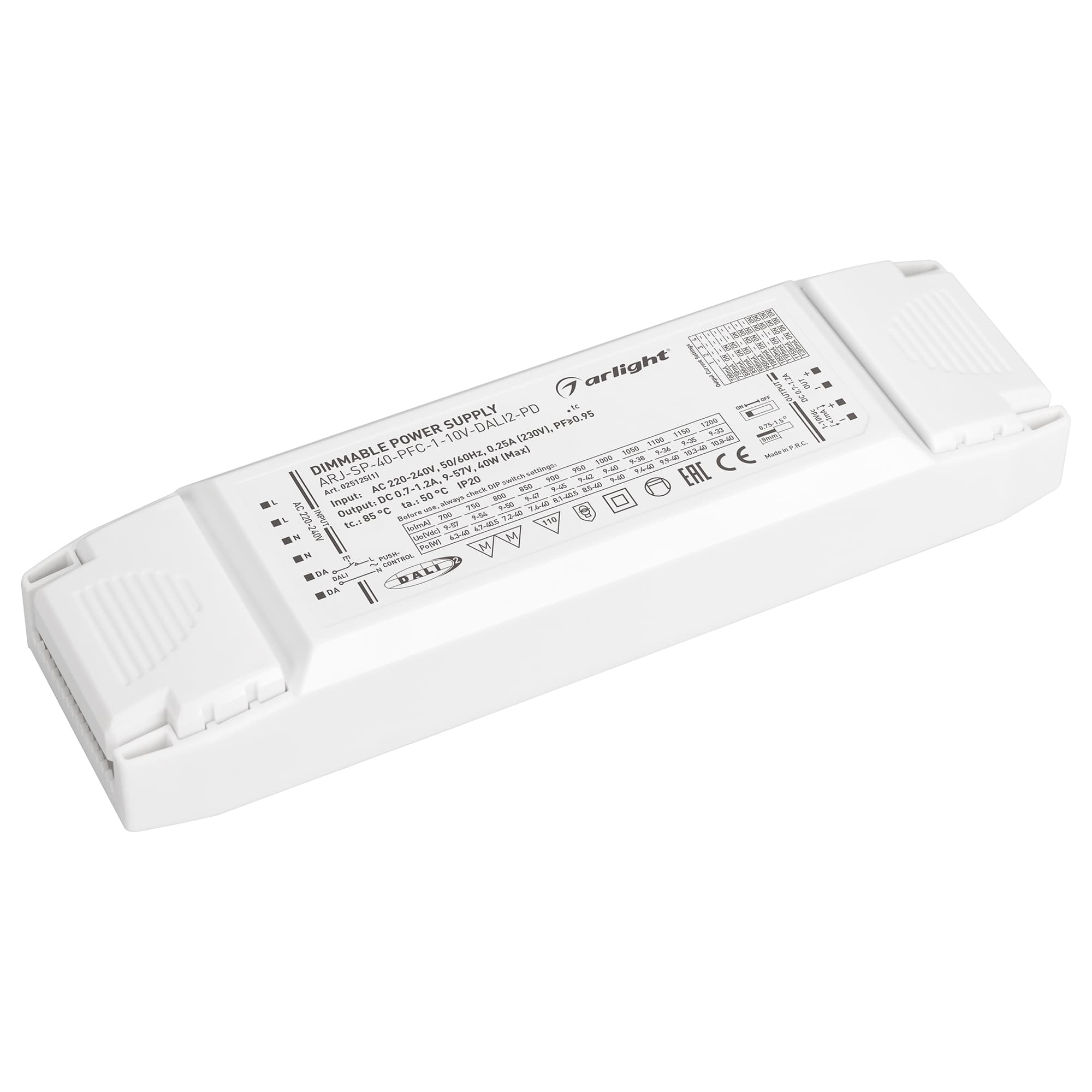 Блок питания ARJ-SP-40-PFC-1-10V-DALI2-PD (40W, 700-1200mA) (Arlight, IP20 Пластик, 5 лет) 025125(1) — фото 1
