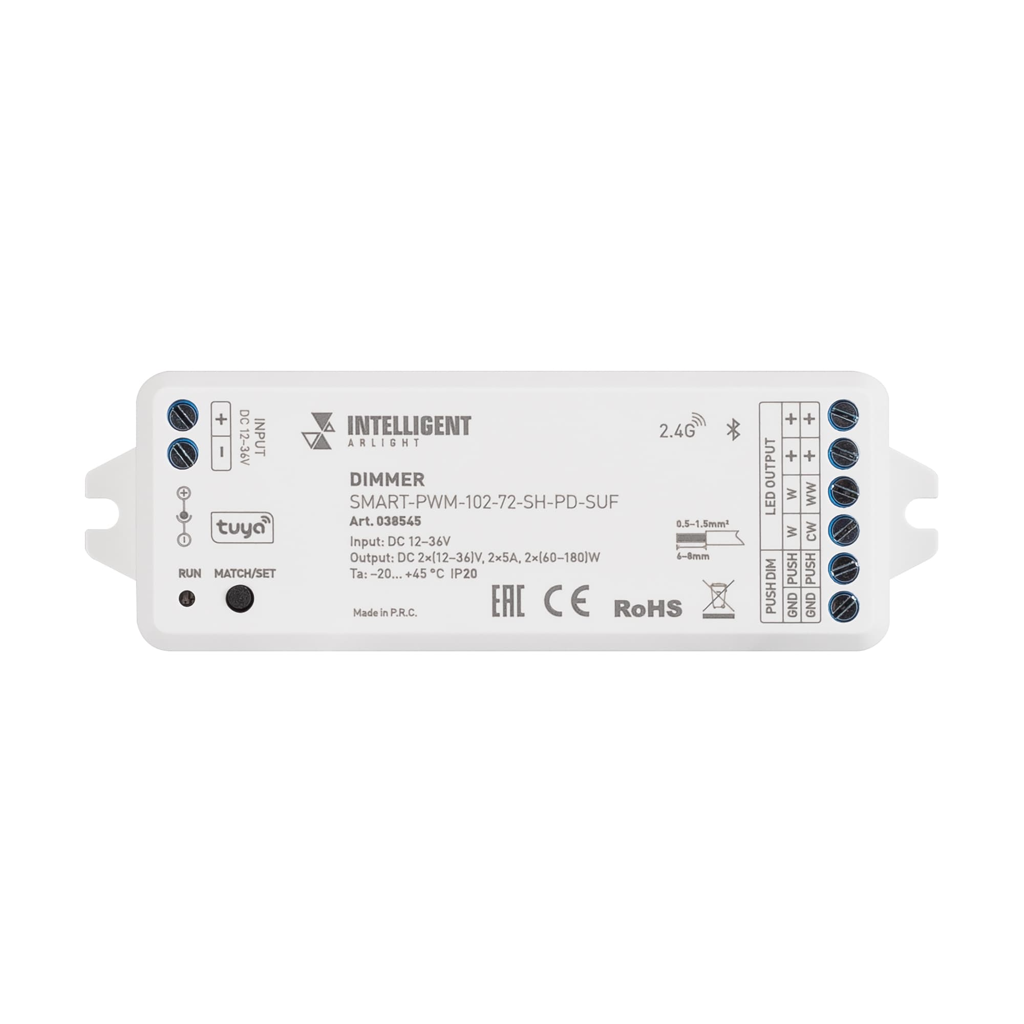 INTELLIGENT ARLIGHT Диммер SMART-PWM-102-72-SH-PD-SUF (12-36V, 2x5A, TUYA BLE, 2.4G) (IARL, IP20 Пластик, 5 лет) 038545 — фото 3