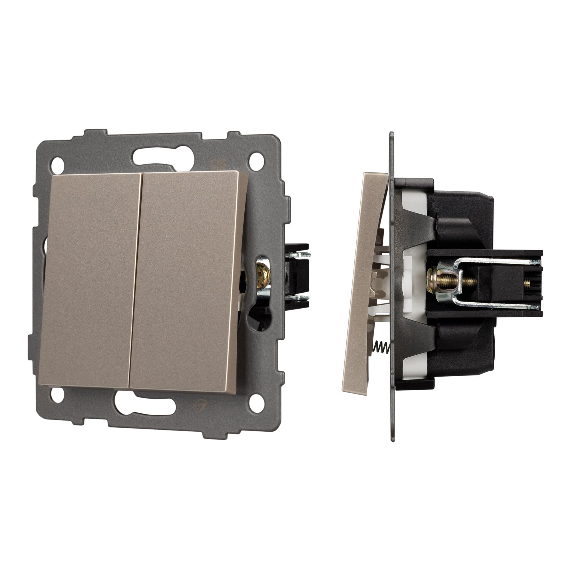 Механизм выключателя двухклавишный самовозвратный SWT-MKR2-PL-GD-V (250V, 10A) (Arlight, -) 049886