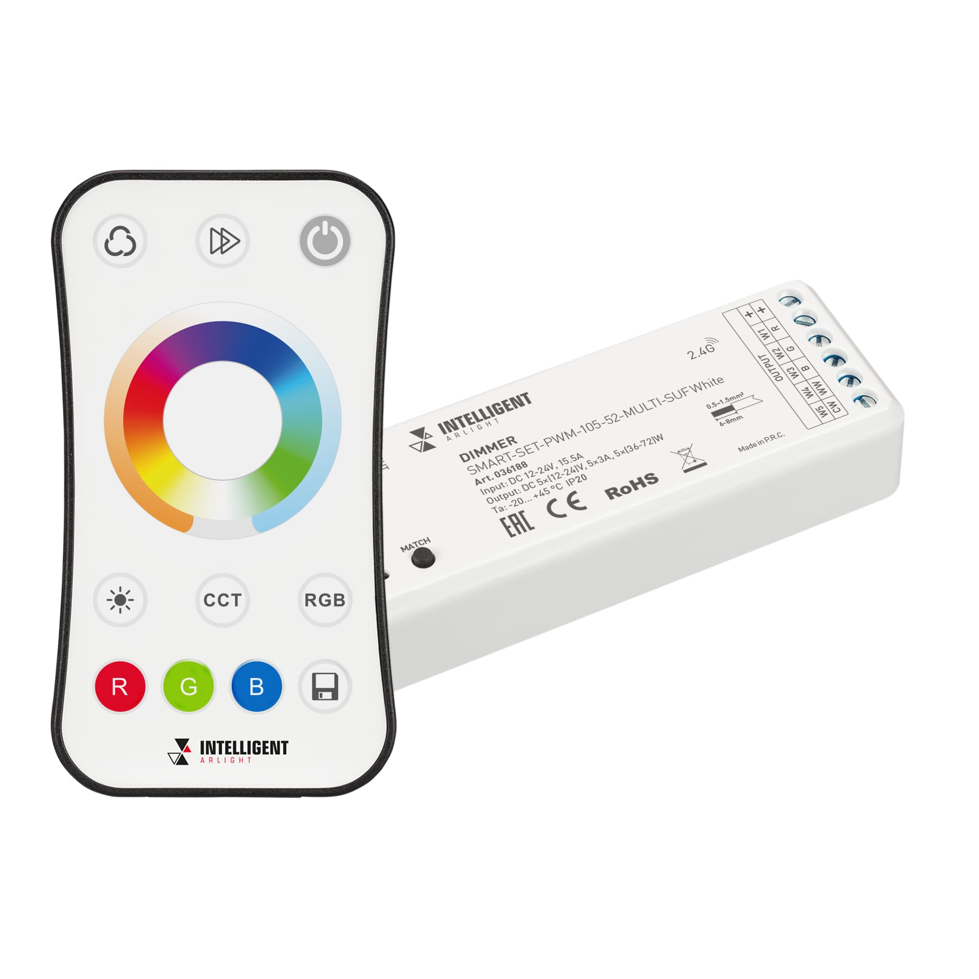 INTELLIGENT ARLIGHT Диммер SMART-SET-PWM-105-52-MULTI-SUF White (12-24V, 5x3A, ПДУ RING 10кн, 2.4G) (IARL, IP20 Пластик, 5 лет) 036188