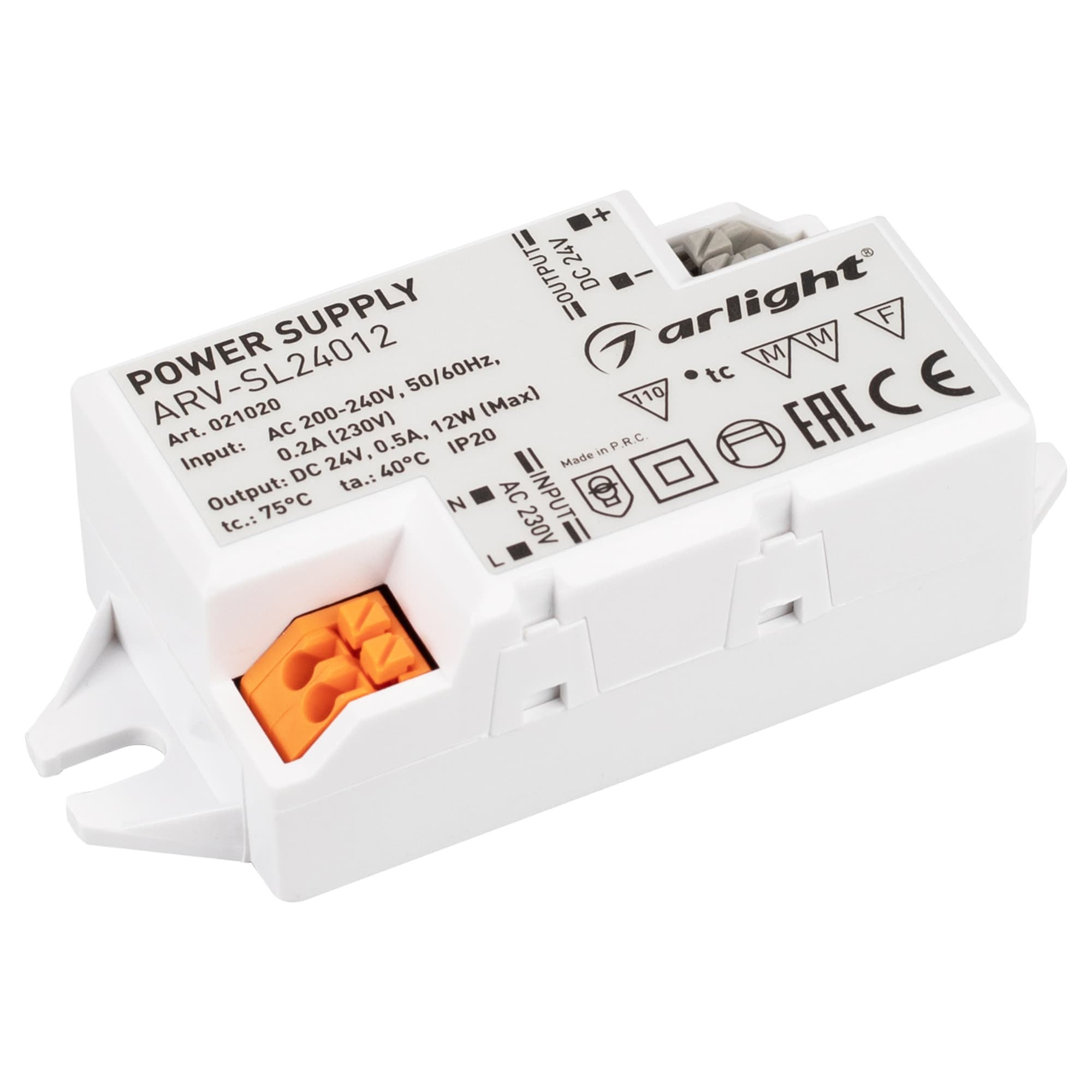 Блок питания ARV-SL24012 (24V, 0.5A, 12W) (Arlight, IP20 Пластик, 3 года) 021020