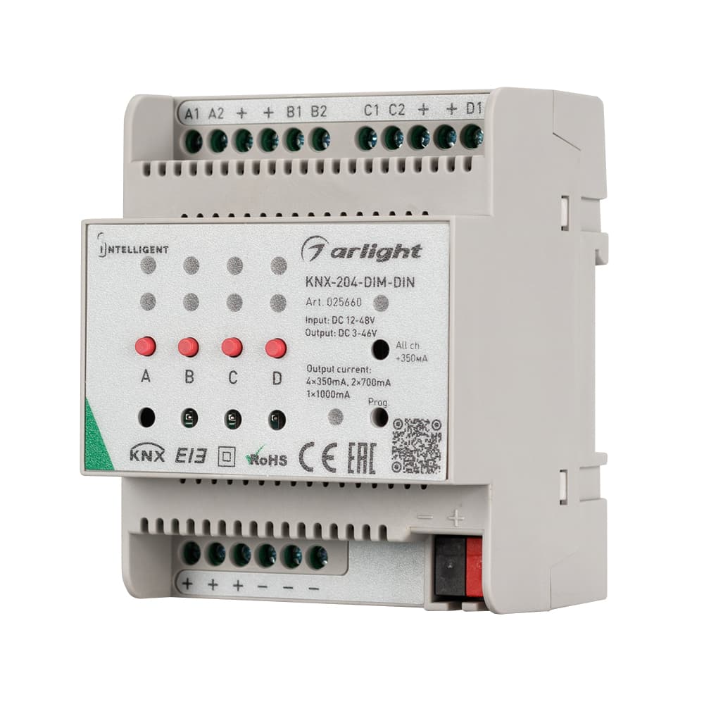 INTELLIGENT ARLIGHT Диммер KNX-204-DIM-DIN (12-48V, 8x0.35/4x0.7/2x1A) (IARL, IP20 Пластик, 2 года) 025660 Arlight — фото 1