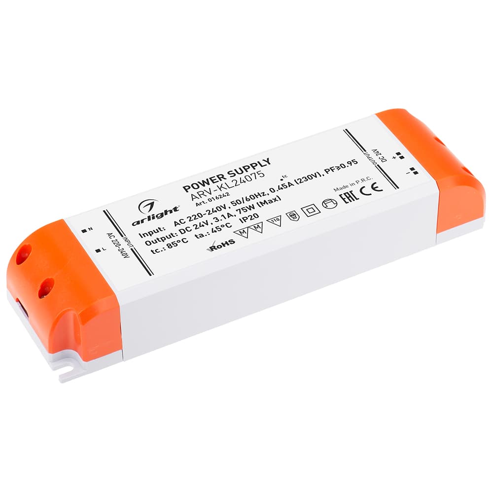 Блок питания ARV-KL24075 (24V, 3.1A, 75W, PFC) (Arlight, IP20 Пластик, 2 года) 016242