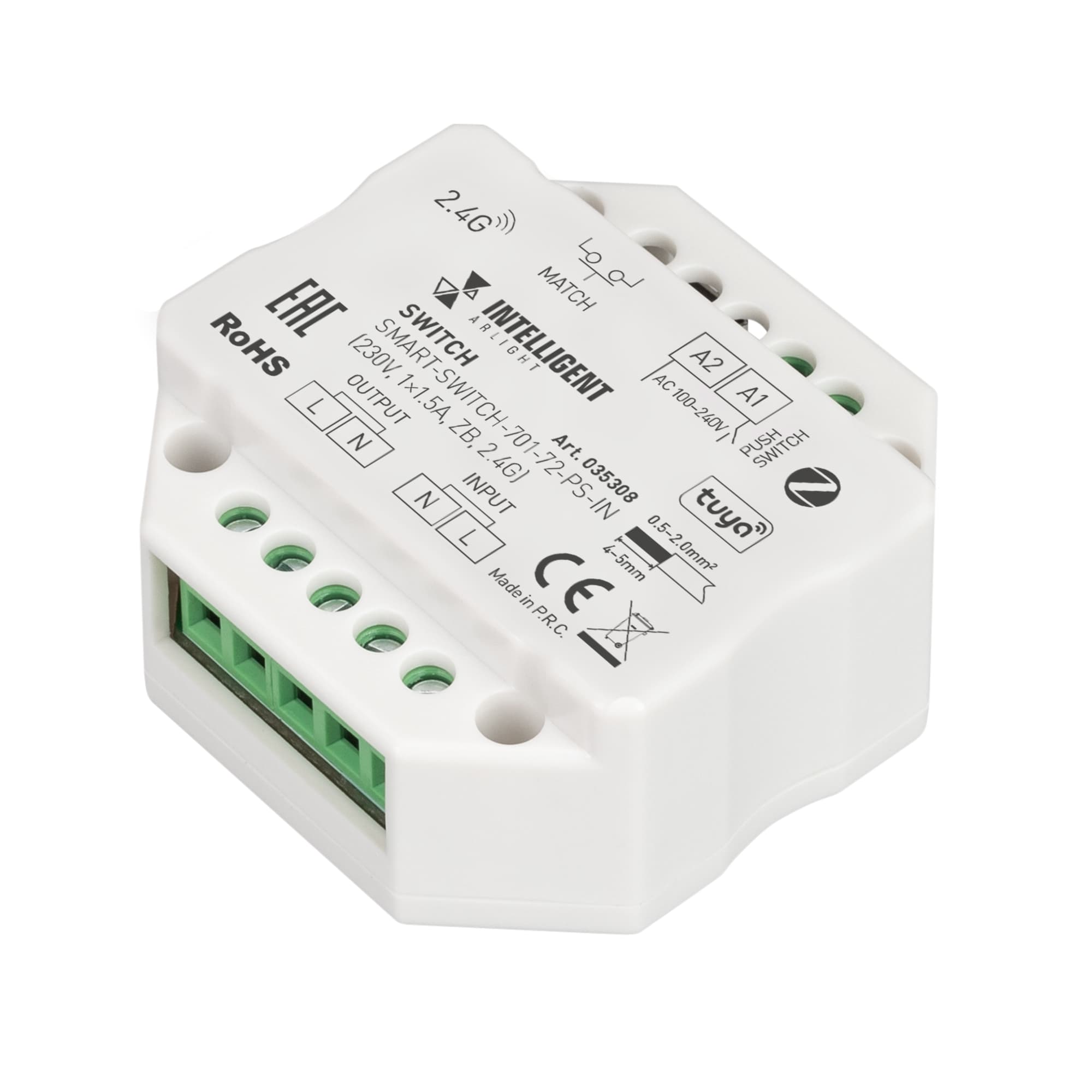 INTELLIGENT ARLIGHT Релейный модуль SMART-SWITCH-701-72-PS-IN (230V, 1x1.5A, ZB, 2.4G) (IARL, Пластик) 035308 — фото 1