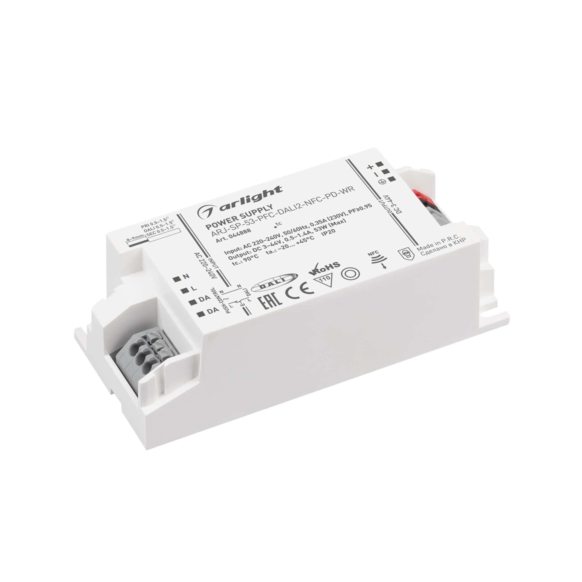 Блок питания ARJ-SP-53-PFC-DALI2-NFC-PD-WR (53W, 3-44V, 0.5-1.4A) (Arlight, IP20 Пластик, 5 лет) 044888 — фото 1
