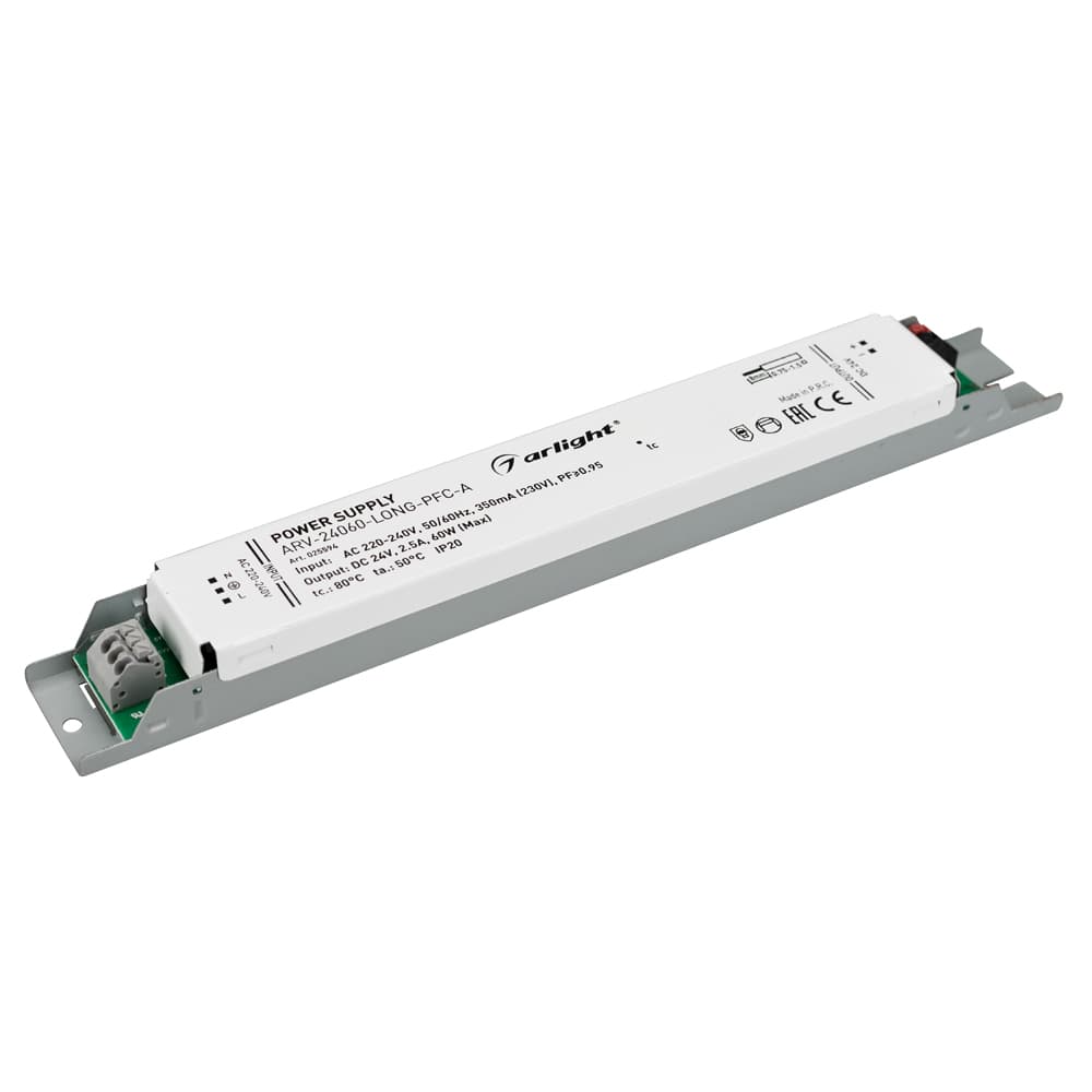 Блок питания ARV-24060-LONG-PFC-A (24V, 2.5A, 60W) (Arlight, IP20 Металл, 5 лет) 025594