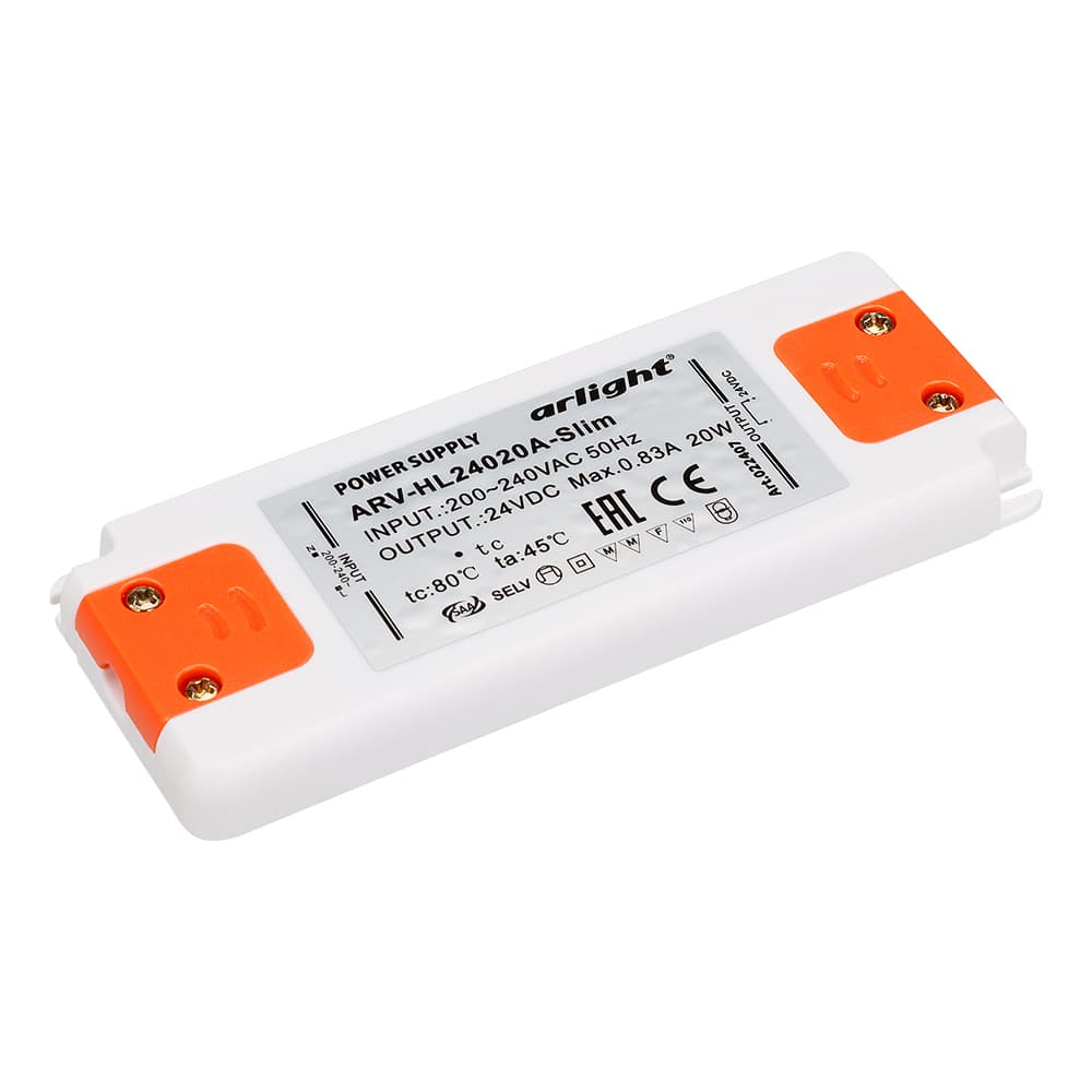 Блок питания ARV-HL24020A-Slim (24V, 0.83A, 20W) (Arlight, IP20 Пластик, 3 года) 022407