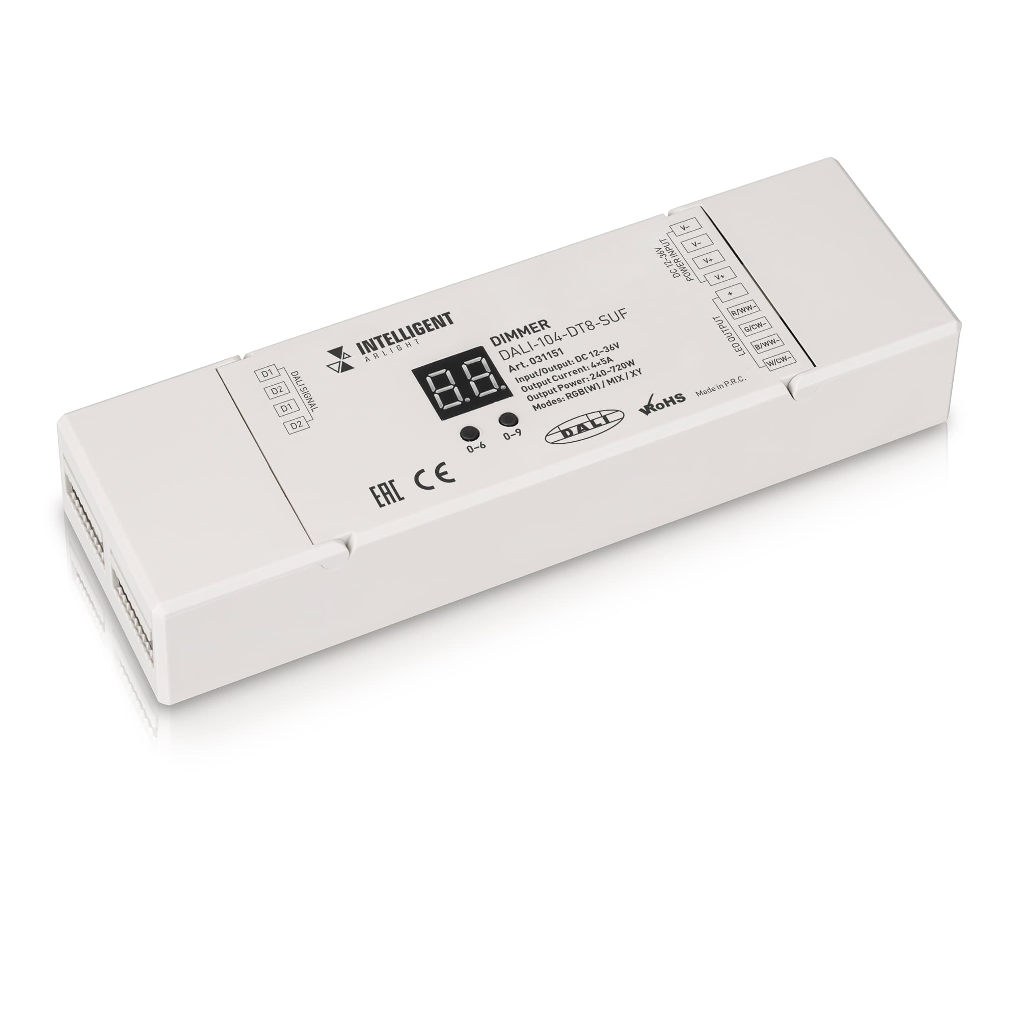 INTELLIGENT ARLIGHT Диммер DALI-104-DT8-SUF (12-36V, RGBW/MIX/XY, 4х5А) (IARL, IP20 Пластик, 3 года) 031151 Arlight