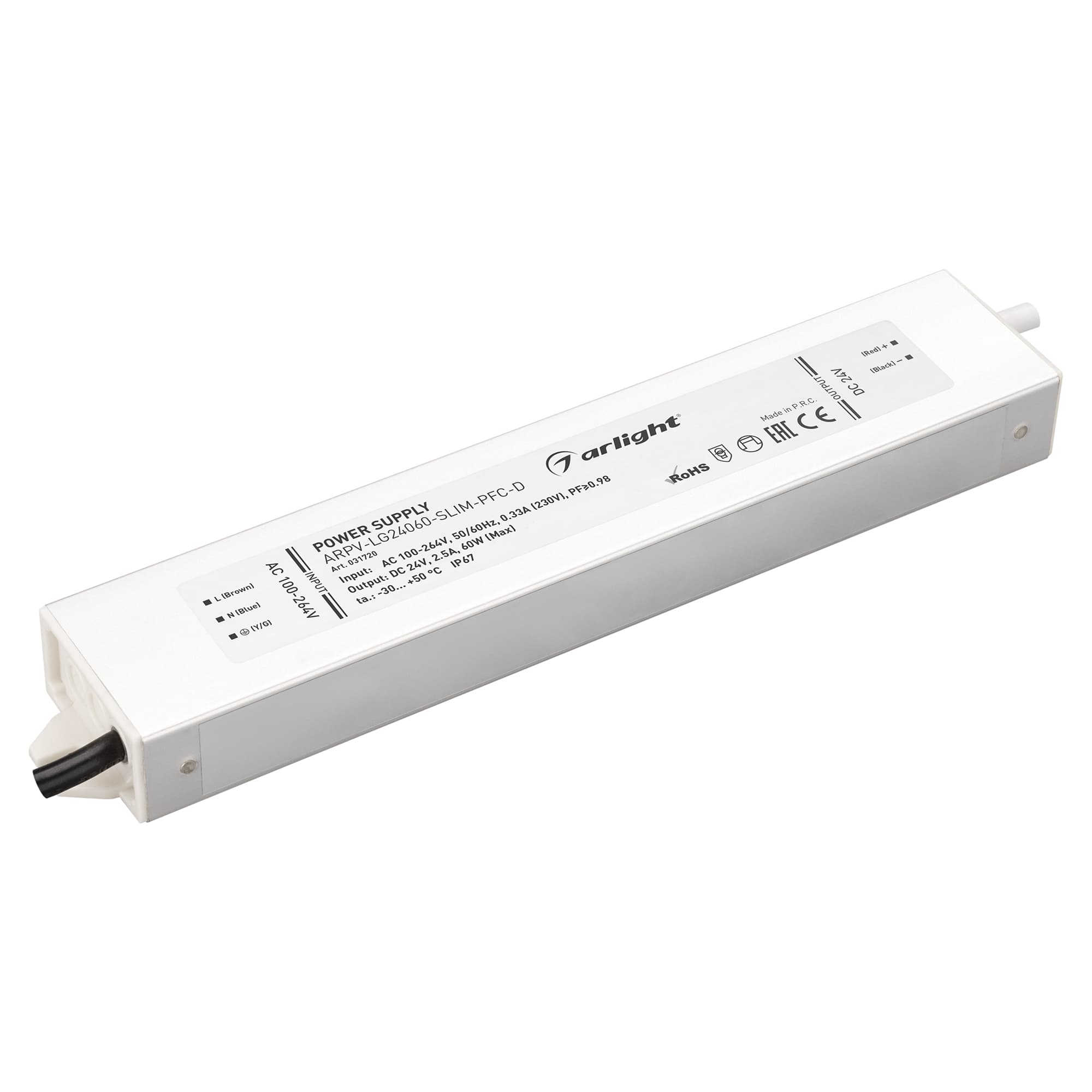 Блок питания ARPV-LG24060-SLIM-PFC-D (24V, 2.5A, 60W) (Arlight, IP67 Металл, 5 лет) 031720 — фото 1