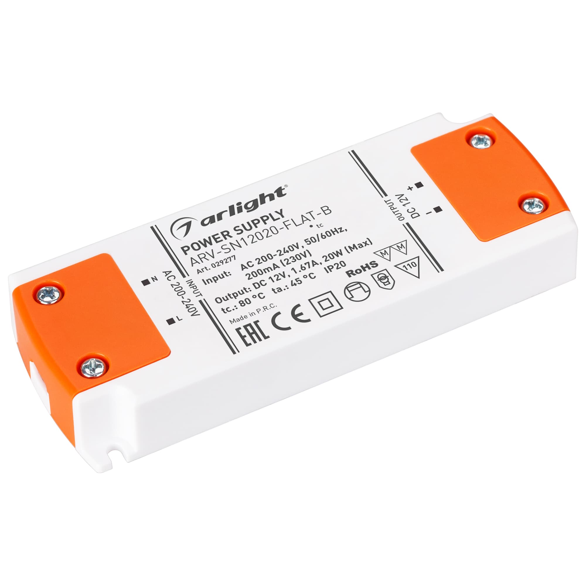 Блок питания ARV-SN12020-FLAT-B (12V, 1.67A, 20W) (Arlight, IP20 Пластик, 3 года) 029277 — фото 1