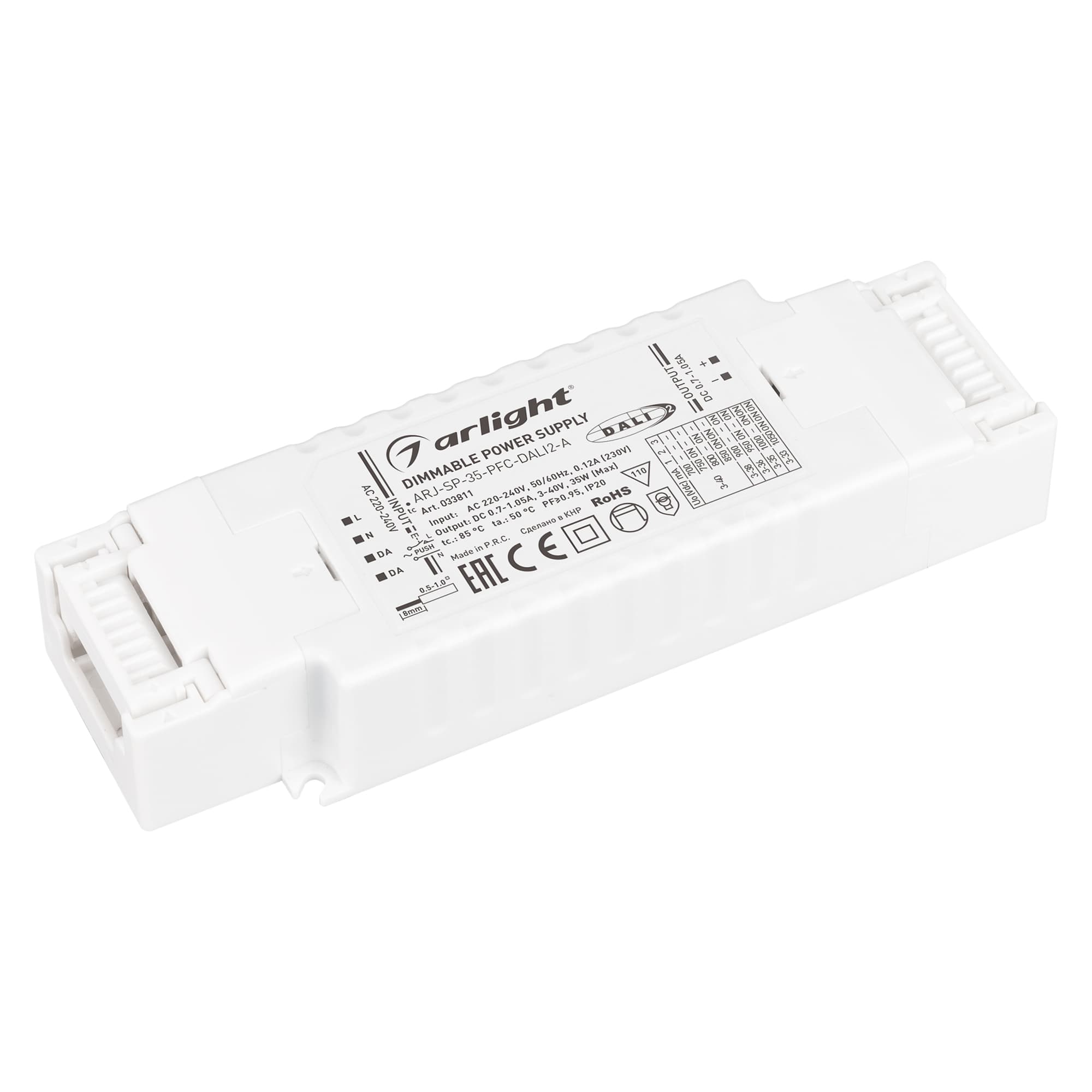Блок питания ARJ-SP-35-PFC-DALI2-A (35W, 3-40V, 0.7-1.05 A) (Arlight, IP20 Пластик, 5 лет) 033811