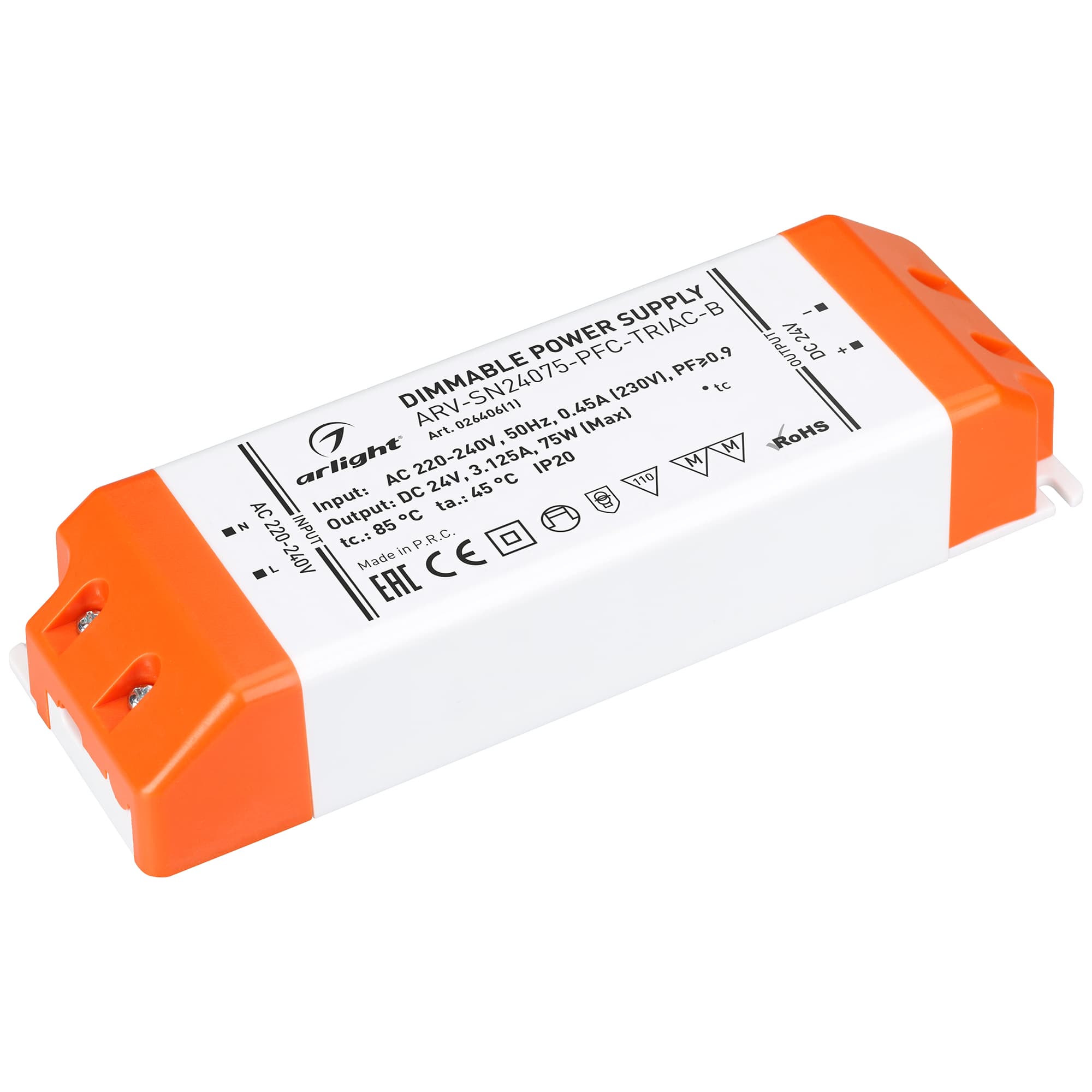 Блок питания ARV-SN24075-PFC-TRIAC-B (24V, 3.1A, 75W) (Arlight, IP20 Пластик, 3 года) 026406(1) — фото 1