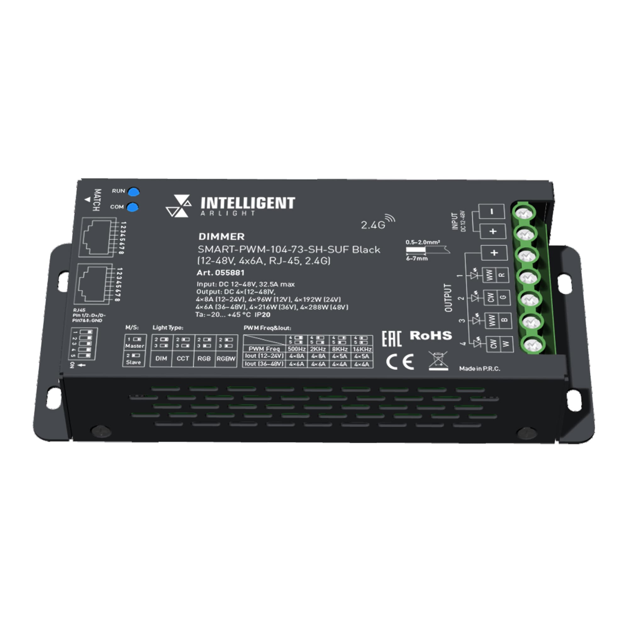 INTELLIGENT ARLIGHT Диммер SMART-PWM-104-73-SH-SUF Black (12-48V, 4x6A, RJ-45, 2.4G) (IARL, IP20 Металл, 5 лет) 055881
