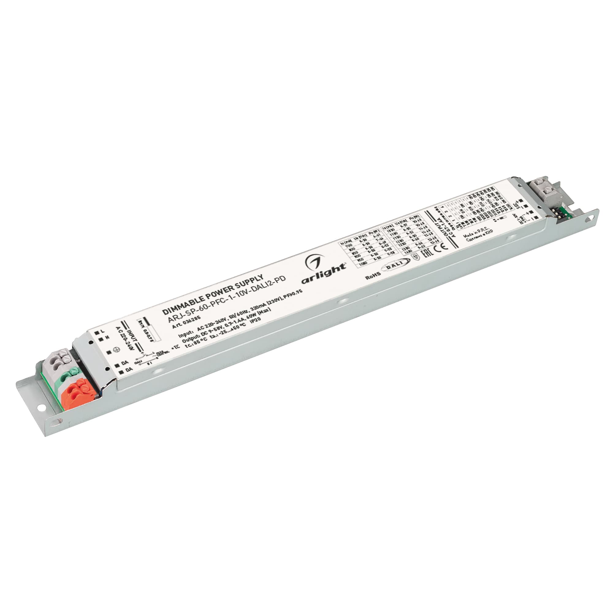 Блок питания ARJ-SP-60-PFC-1-10V-DALI2-PD (60W, 9-58V, 0.7-1.4A) (Arlight, IP20 Металл, 5 лет) 036285