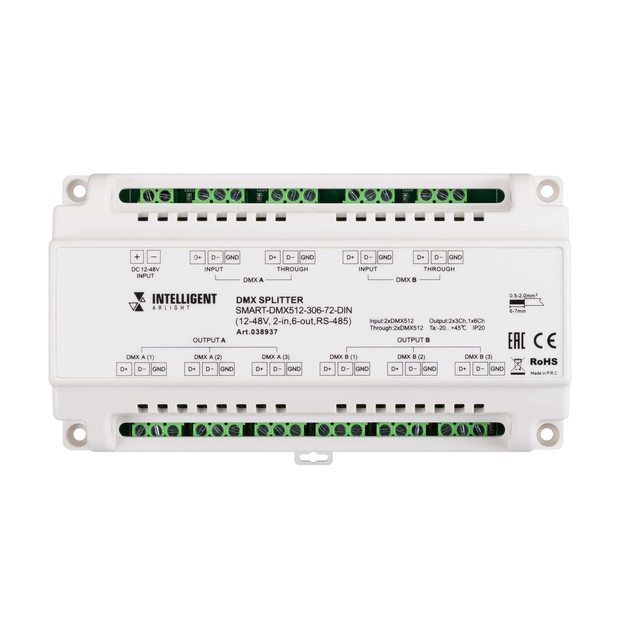 INTELLIGENT ARLIGHT Сплиттер SMART-DMX512-306-72-DIN (12-48V, 2-in, 6-out, RS-485) (IARL, IP20 Металл, 5 лет) 038937 — фото 3