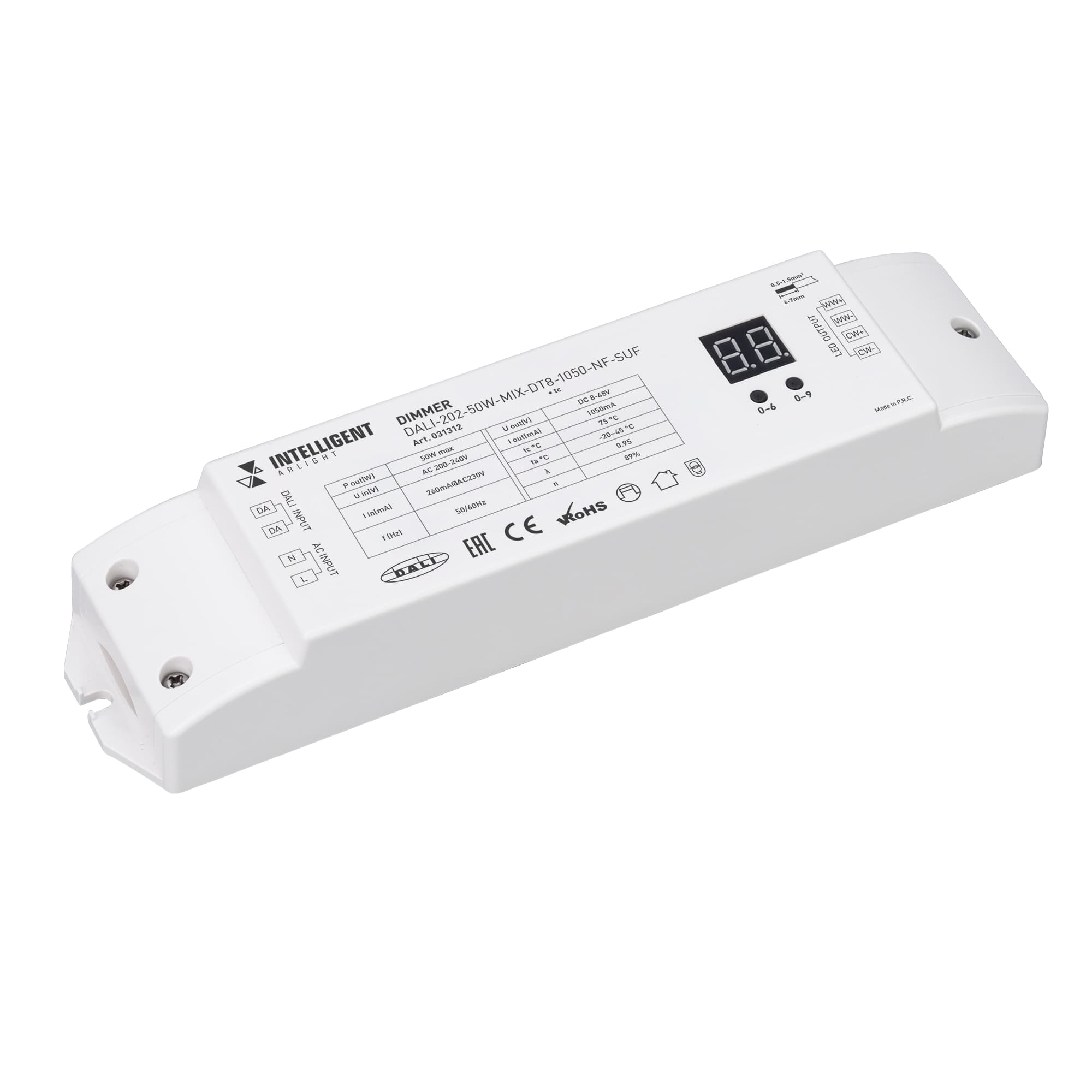 INTELLIGENT ARLIGHT Диммер DALI-202-50W-MIX-DT8-1050-NF-SUF (230V, 1000mА) (IARL, Пластик) 031312