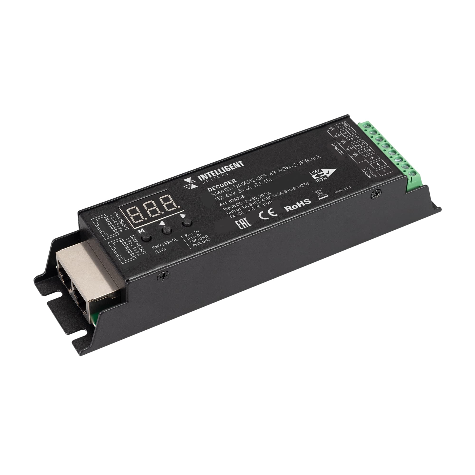 INTELLIGENT ARLIGHT Декодер SMART-DMX512-305-63-RDM-SUF Black (12-48V, 5x4A, RJ-45) (IARL, IP20 Металл, 5 лет) 036245 Arlight