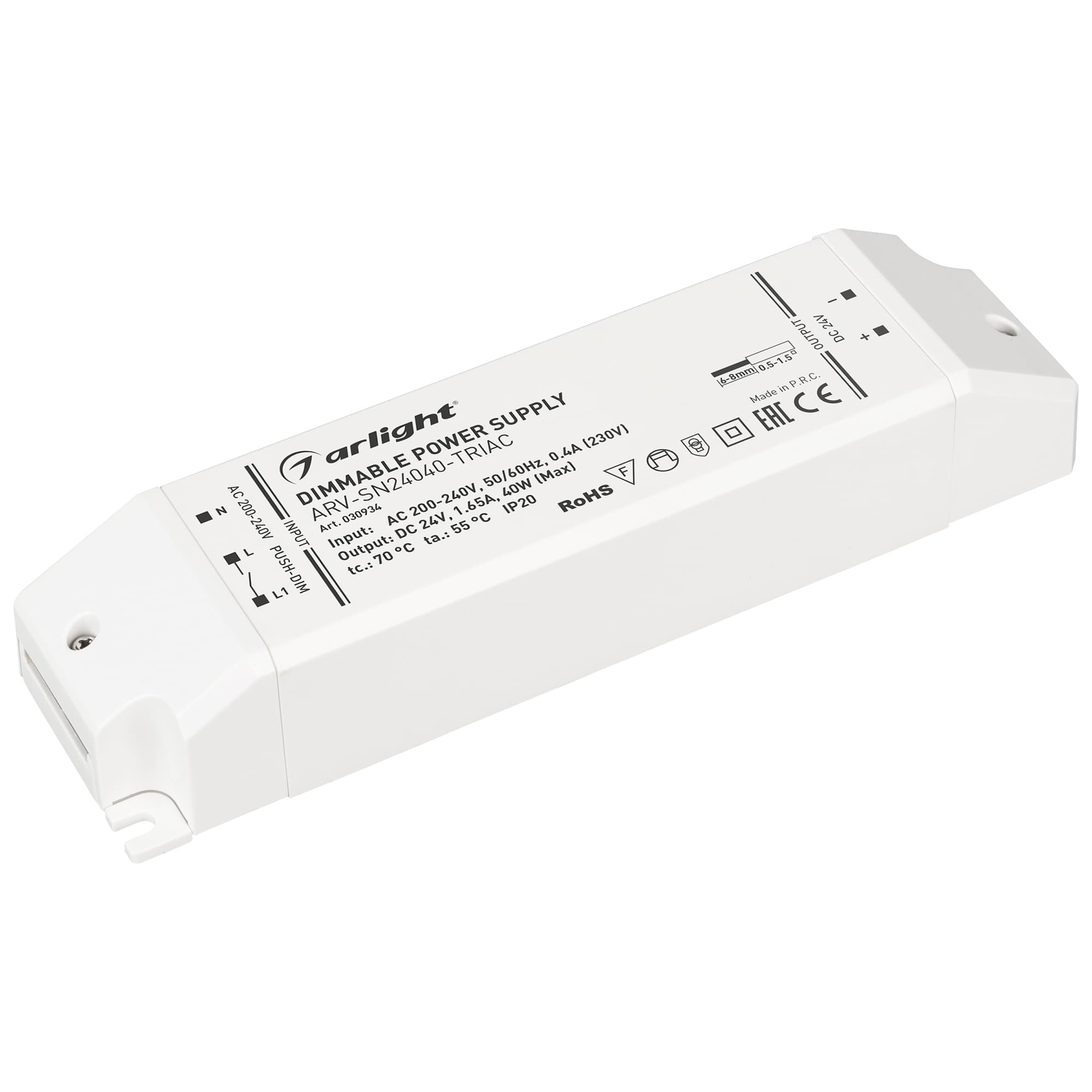 Блок питания ARV-SN24040-TRIAC (24V, 1.65A, 40W) (Arlight, IP20 Пластик, 3 года) 030934