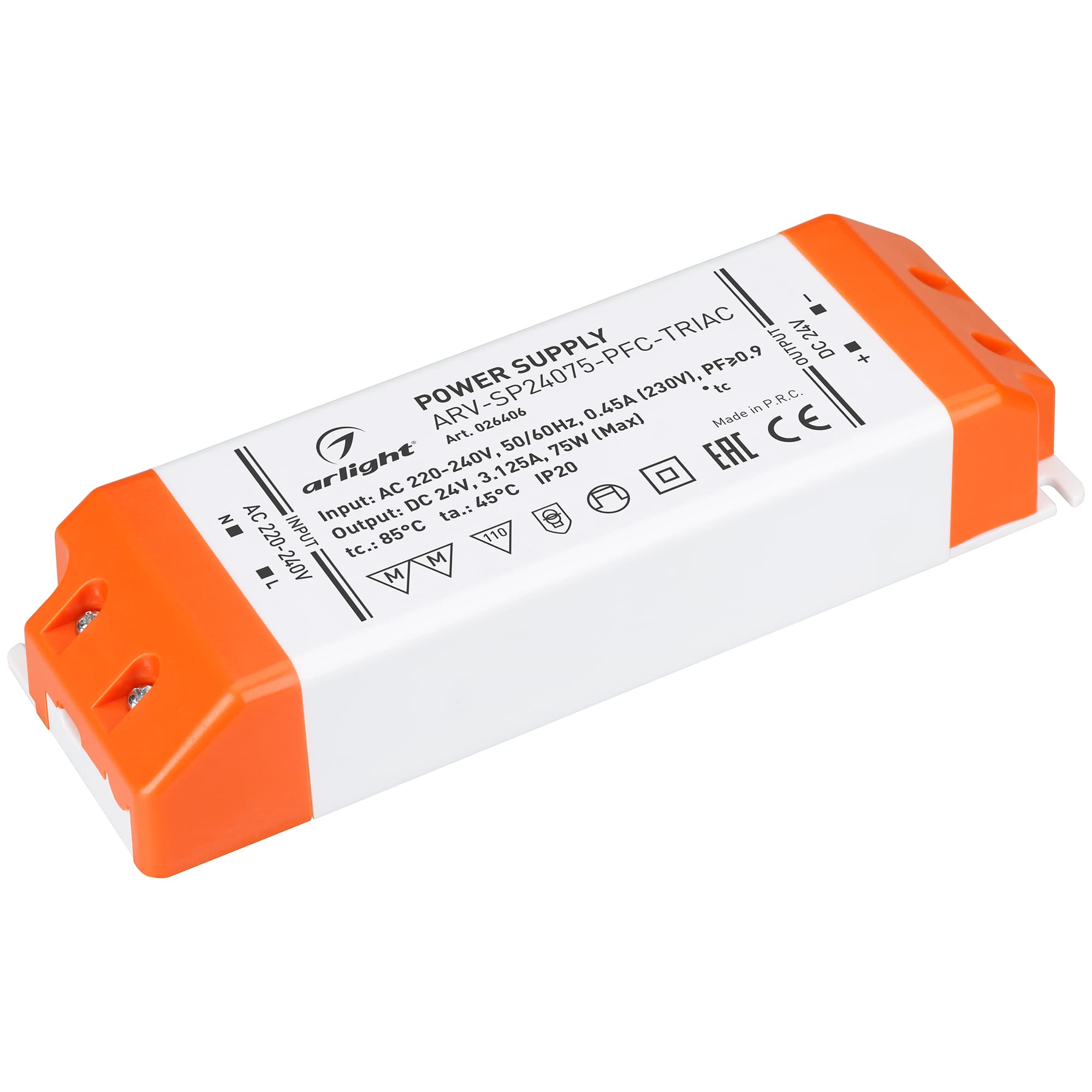 Блок питания ARV-SP24075-PFC-TRIAC (24V, 3.1A, 75W) (Arlight, IP20 Пластик, 3 года) 026406 — фото 1
