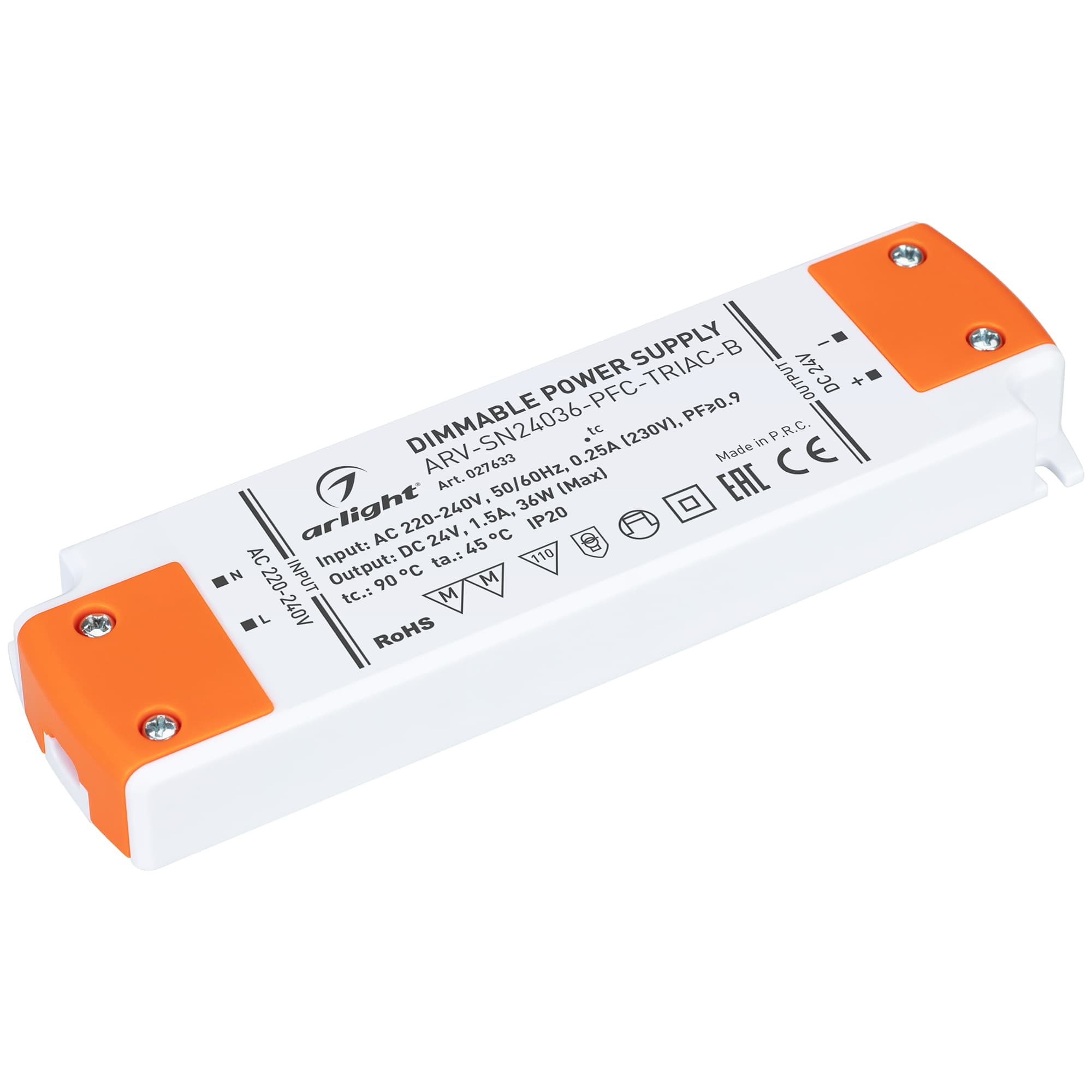 Блок питания ARV-SN24036-PFC-TRIAC-B (24V, 1.5A, 36W) (Arlight, IP20 Пластик, 3 года) 027633 — фото 1