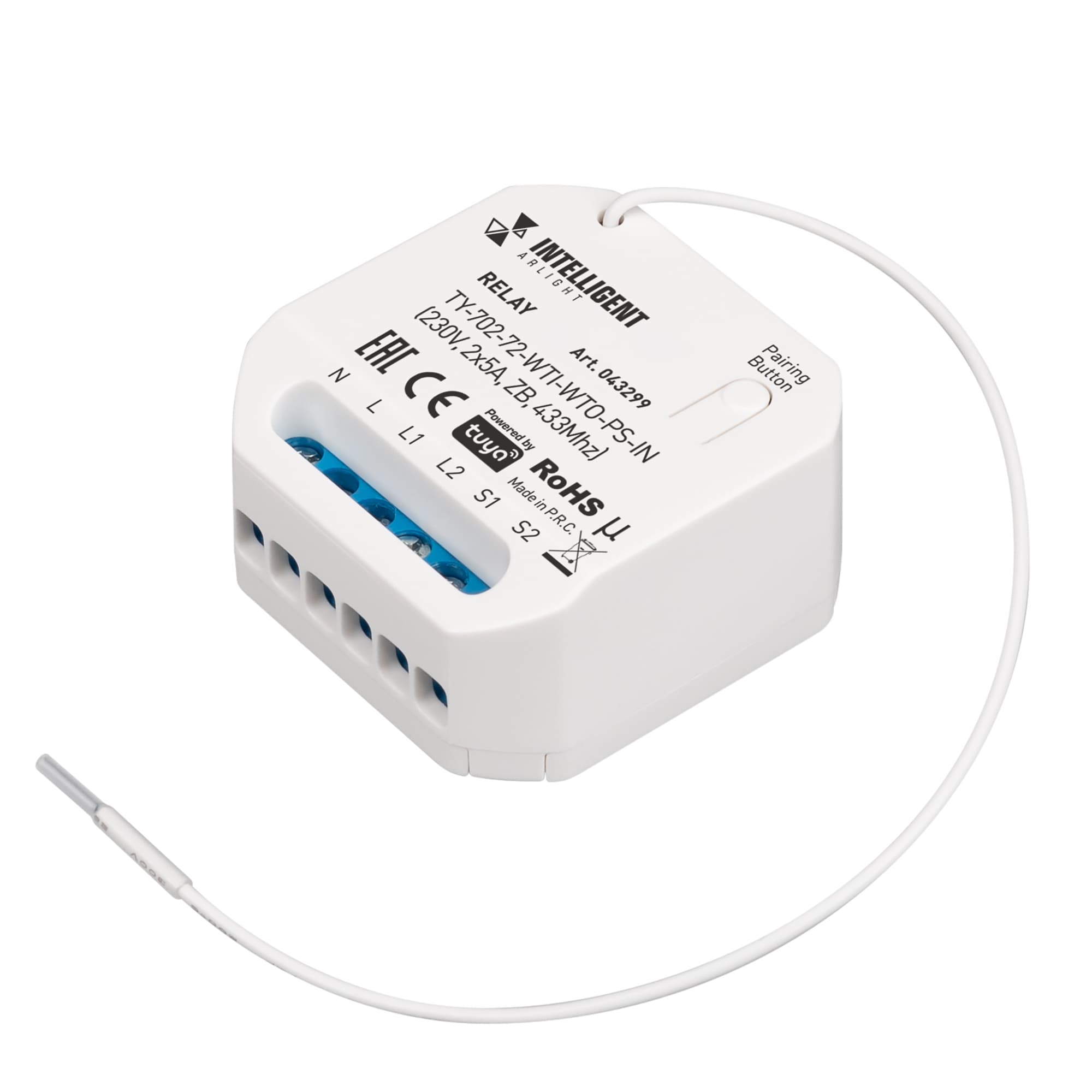 INTELLIGENT ARLIGHT Релейный модуль TY-702-72-WTI-WTO-PS-IN (230V, 2x5A, ZB, 433Mhz) (IARL, IP20 Пластик, 3 года) 043299 Arlight