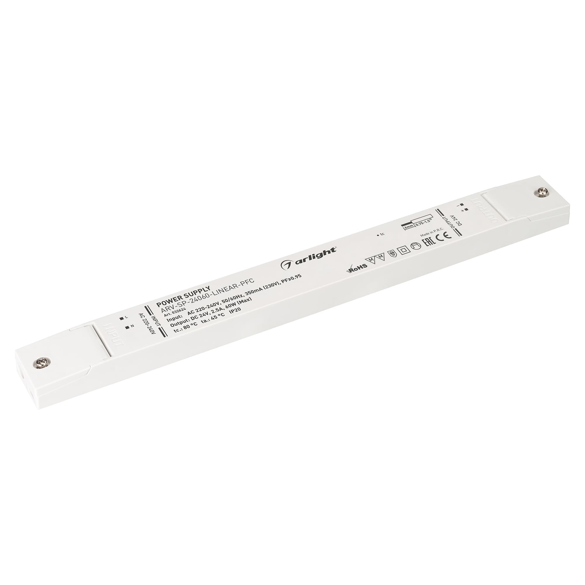 Блок питания ARV-SP-24060-LINEAR-PFC (24V, 2.5A, 60W) (Arlight, IP20 Пластик, 5 лет) 032624 Arlight