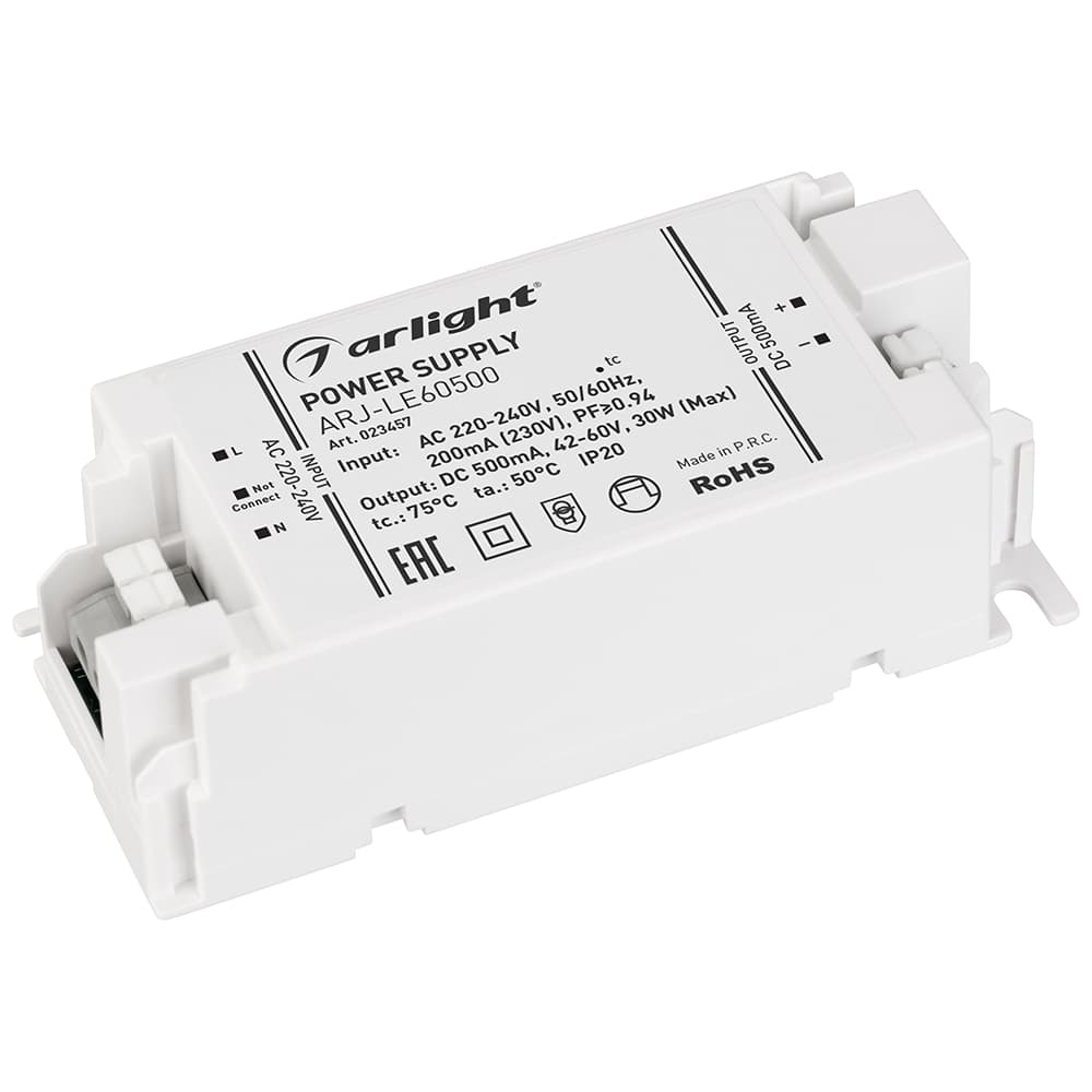 Блок питания ARJ-LE60500 (30W, 500mA, PFC) (Arlight, IP20 Пластик, 3 года) 023457