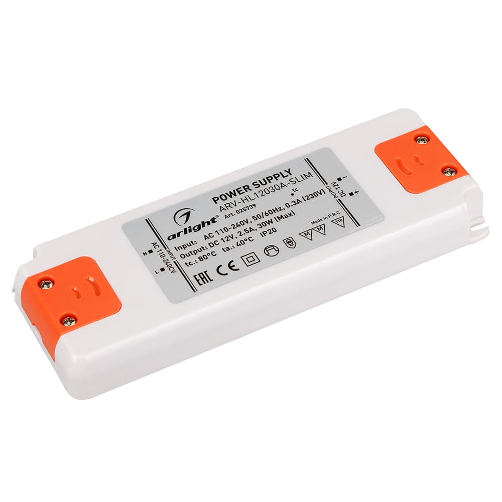 Блок питания ARV-HL12030A-Slim (12V, 2.5A, 30W) (Arlight, IP20 Пластик, 3 года) 025739