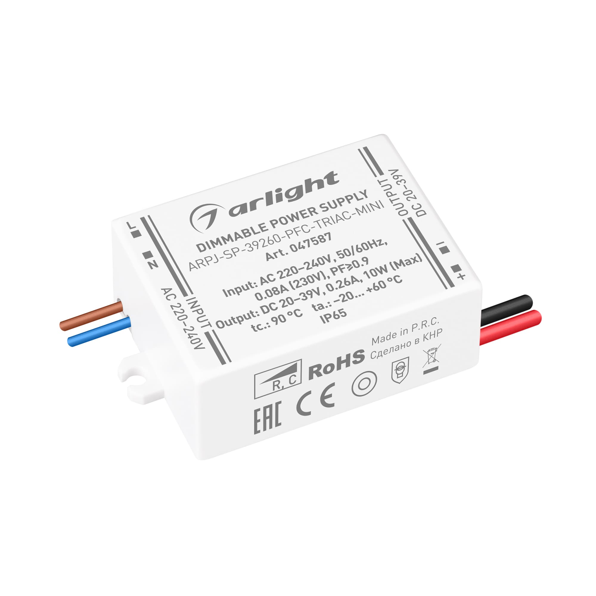 Блок питания ARPJ-SP-39260-PFC-TRIAC-MINI (10W, 20-39V, 260mA) (Arlight, IP65 Пластик, 5 лет) 047587 Arlight — фото 1
