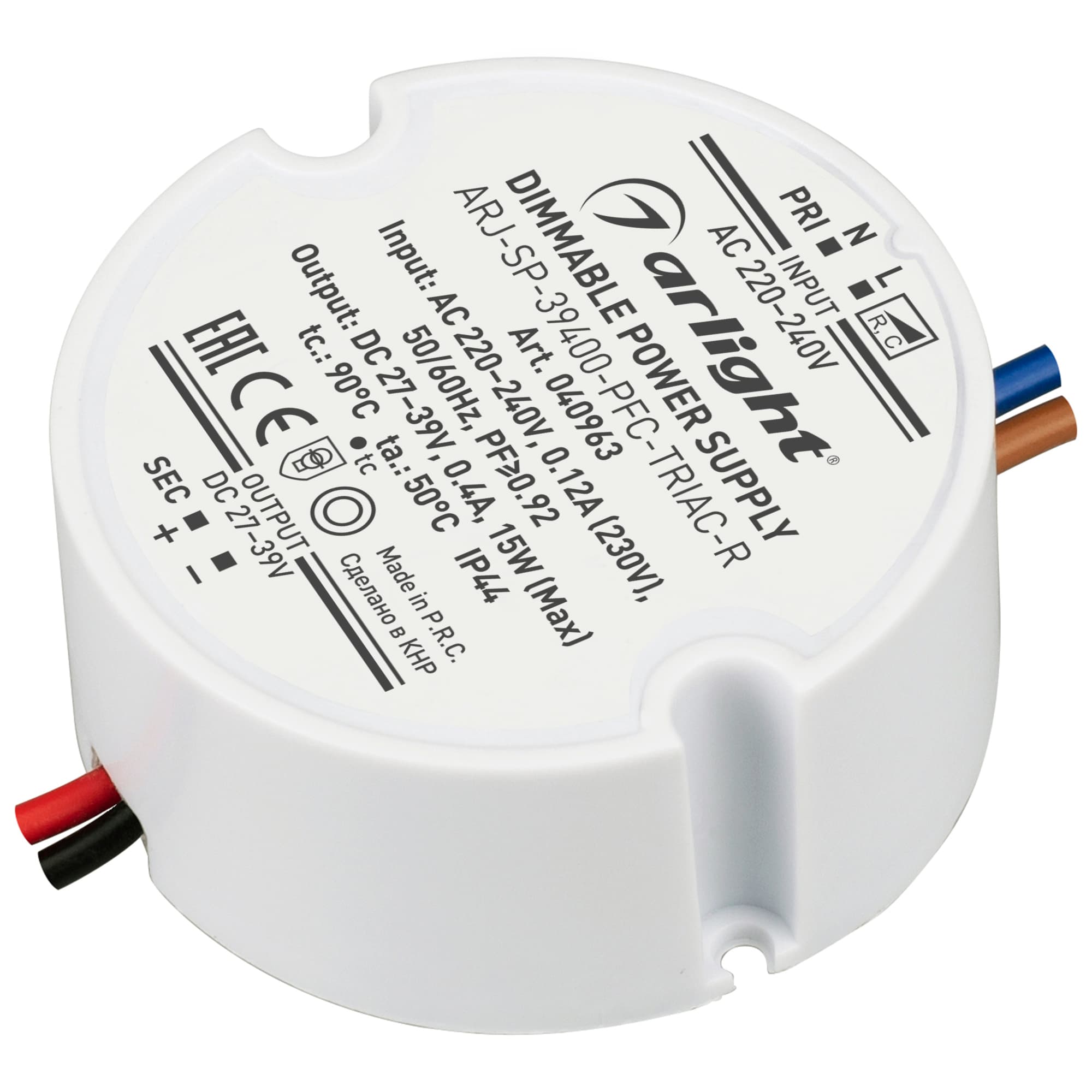 Блок питания ARJ-SP-39400-PFC-TRIAC-R (15W, 27-39V, 400mA) (Arlight, IP44 Пластик, 5 лет) 040963 — фото 1