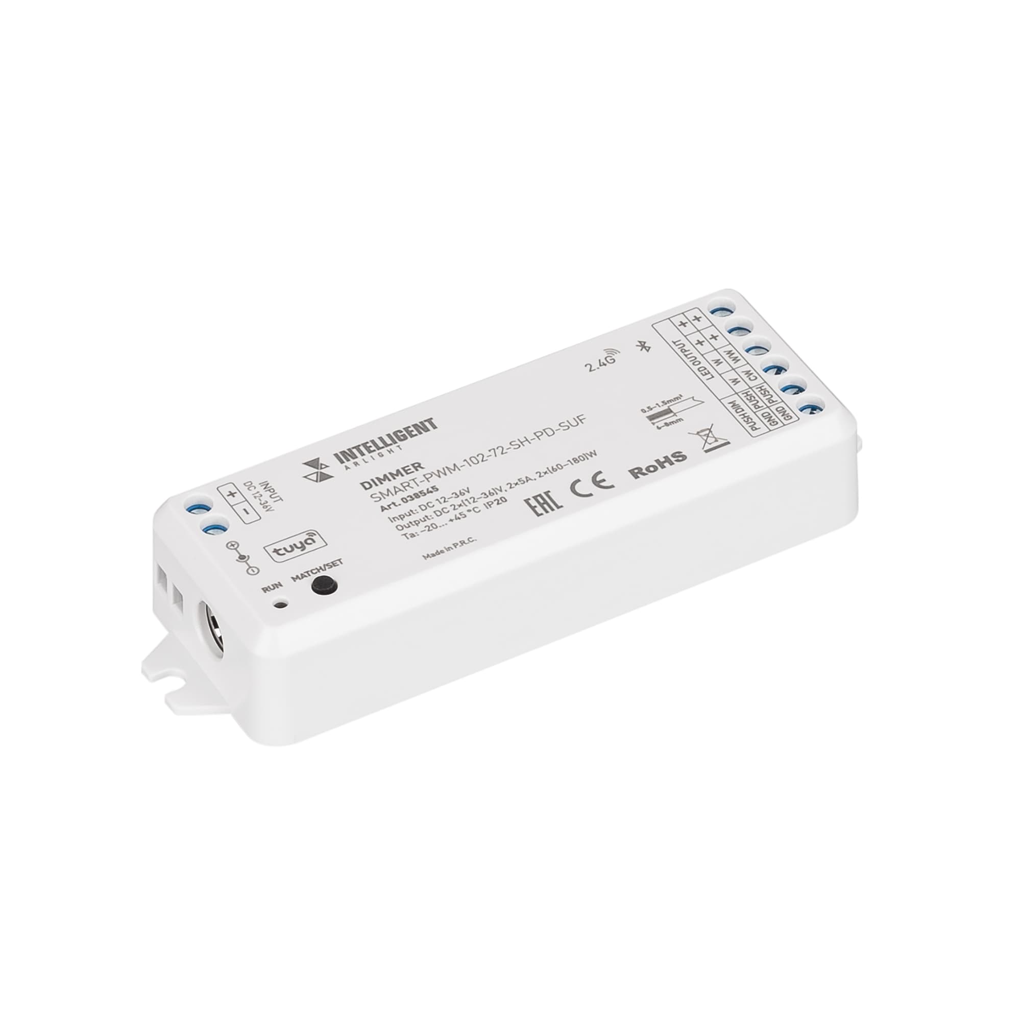 INTELLIGENT ARLIGHT Диммер SMART-PWM-102-72-SH-PD-SUF (12-36V, 2x5A, TUYA BLE, 2.4G) (IARL, IP20 Пластик, 5 лет) 038545 — фото 1