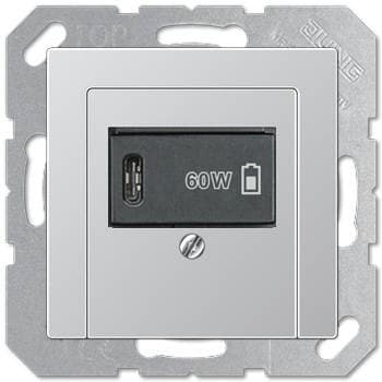 USB розетка для зарядки мобильных устройств тип C, 5-60W, алюминий, Jung