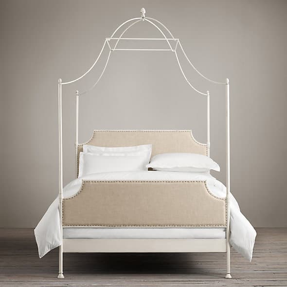 Restoration Hardware 19th C. Campaign Upholstered Iron Canopy Bed Distressed White