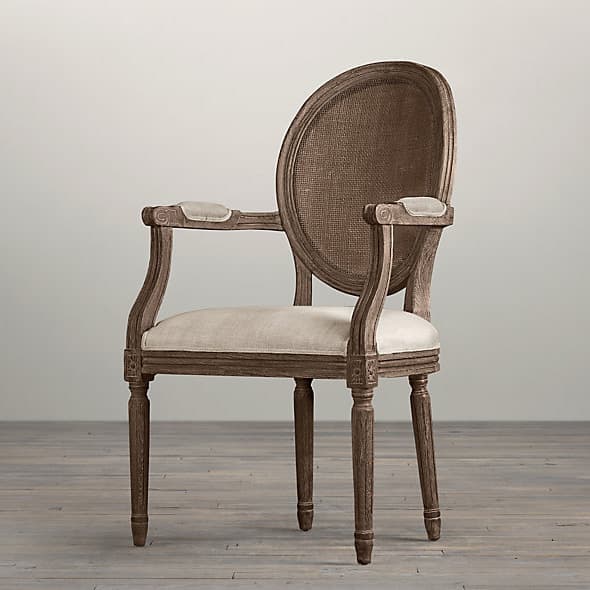 Restoration Hardware Vintage French Cane Back Round Upholstered Armchair