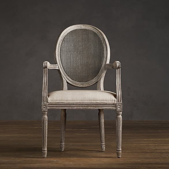 Restoration Hardware Vintage French Cane Back Round Upholstered Armchair