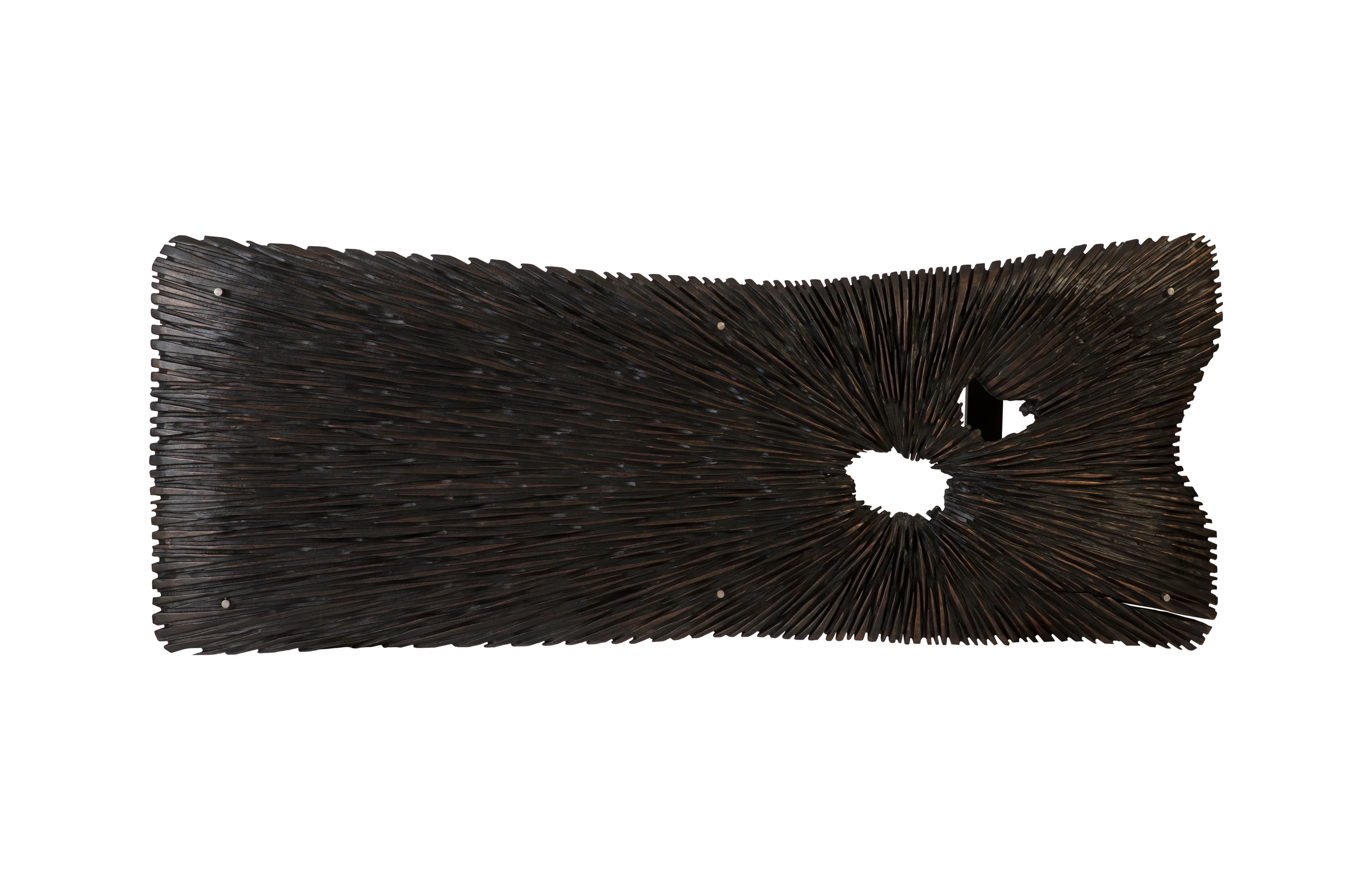 Обеденный стол Phillips Collection Chamcha Wood Chainsaw Dining Table with Glass, Black, Black Iron U Legs