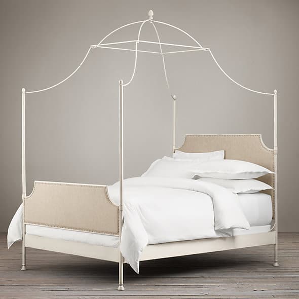 Restoration Hardware 19th C. Campaign Upholstered Iron Canopy Bed Distressed White