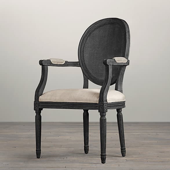 Restoration Hardware Vintage French Cane Back Round Upholstered Armchair