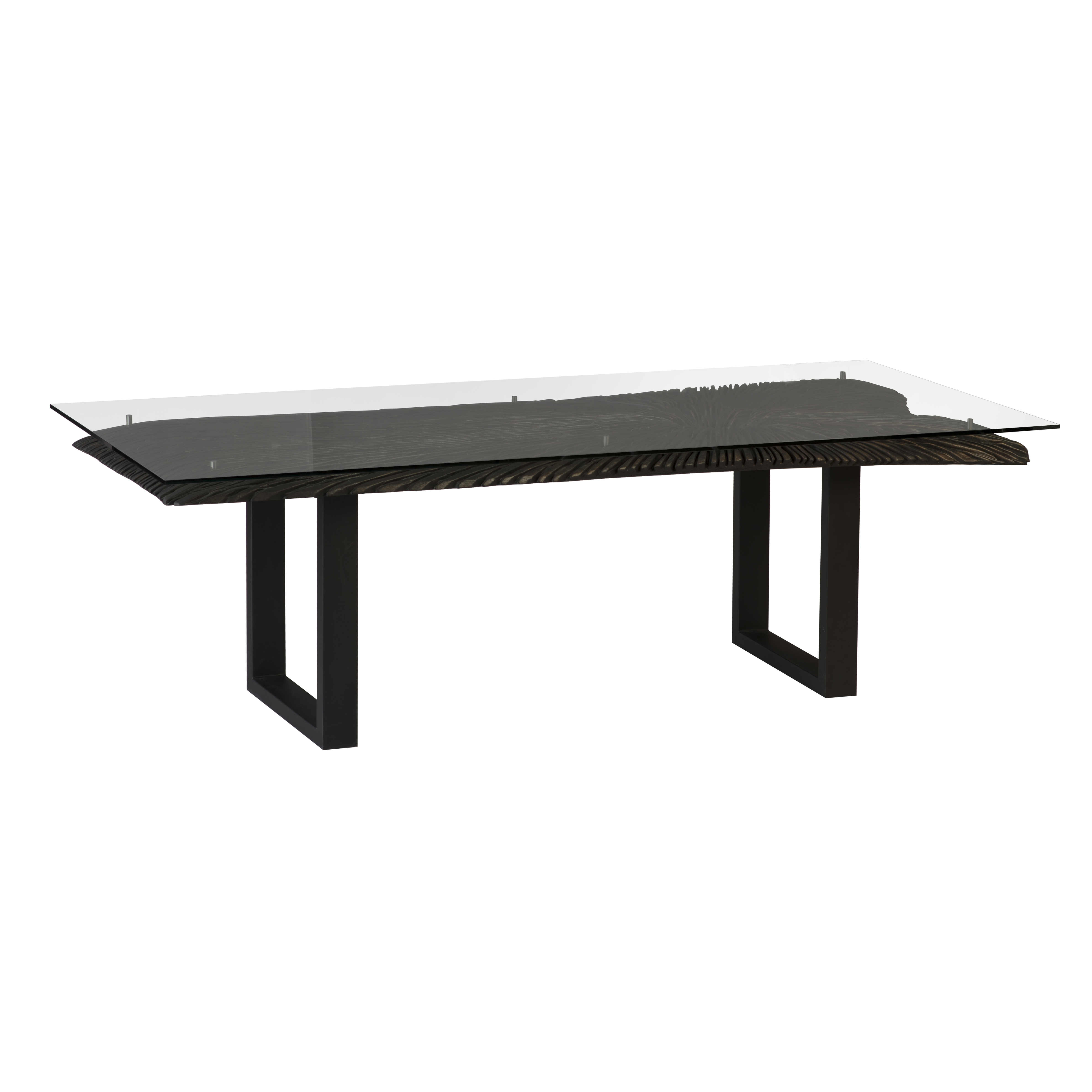Phillips Collection Обеденный стол Phillips Collection Chamcha Wood Chainsaw Dining Table with Glass, Black, Black Iron U Legs